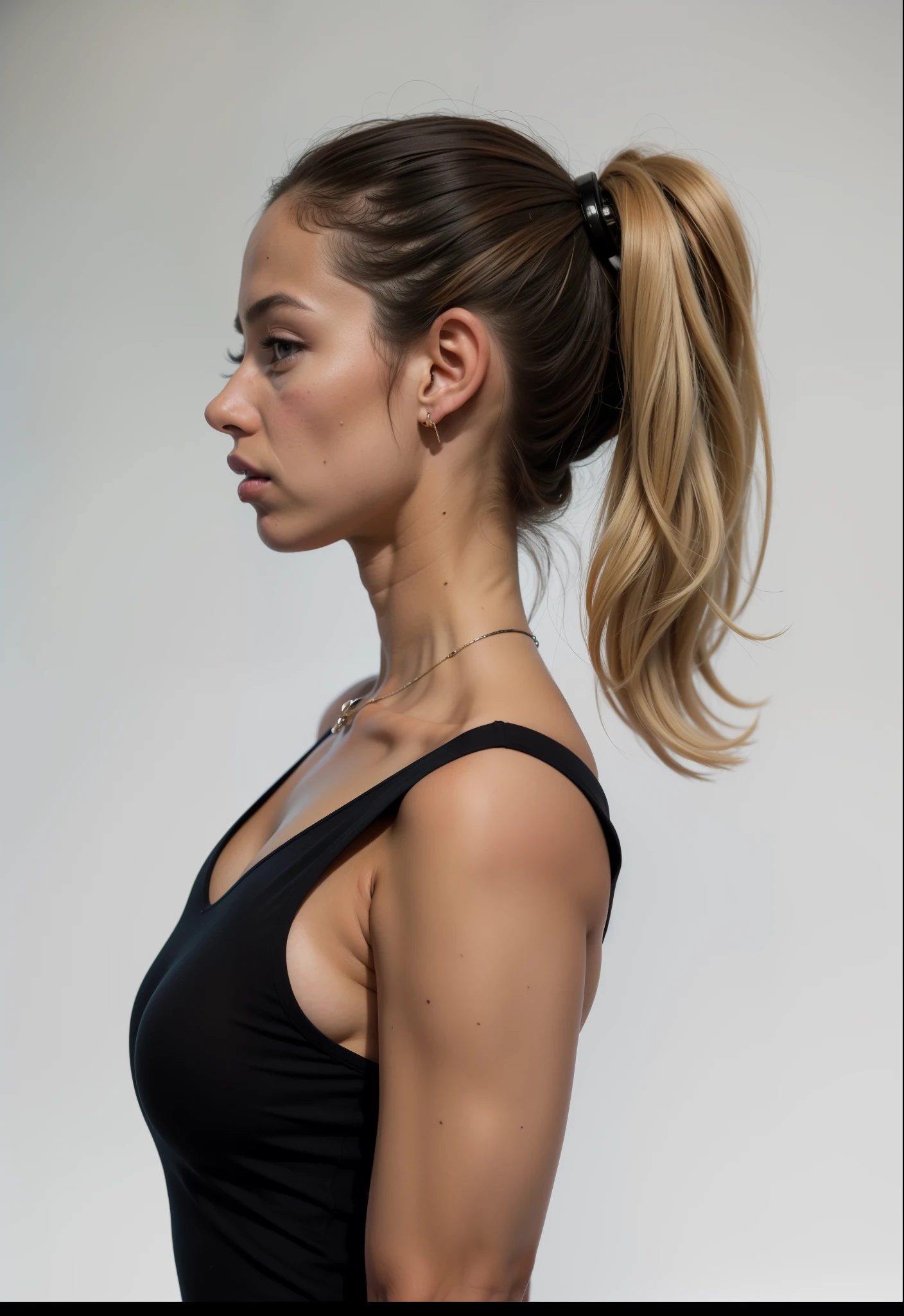 arafed woman with a rabo de cavalo in a black top and a black top, rabo de cavalo, Retrato lateral, hair in a rabo de cavalo, brown hair in a rabo de cavalo, rabo de cavalo hair, pose lateral, showing the shoulder from behind, short rabo de cavalo, posou de perfil, pose de perfil, rabo de cavalo, long rabo de cavalo, hair tied in a rabo de cavalo, perfil lateral cintura para cima retrato, with a rabo de cavalo