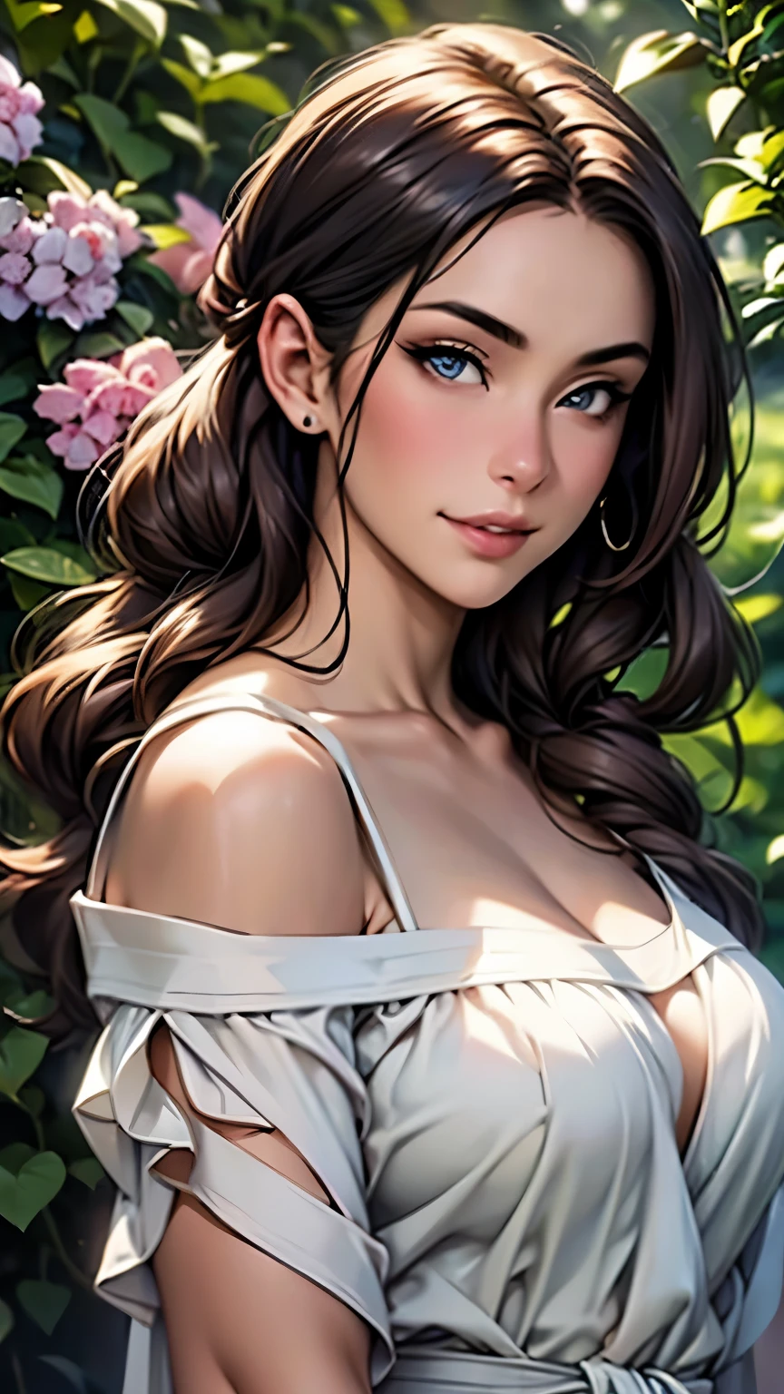 (highest quality,4k,8k,High resolution,masterpiece:1.2),super detailed,(realistic,photorealistic,photo-realistic:1.37),detailed and beautiful eyes,dense and beautiful lips,highly detailed eyes and face,long eyelashes,[garden, Bright colors,soft natural light,romantic atmosphere,vivid flowers, flowing dress,feminine and elegant pose,Happy and confident look, High fashion style, Dreamy scenery, fine art portrait, art print quality, oil painting techniques, impressionist style.