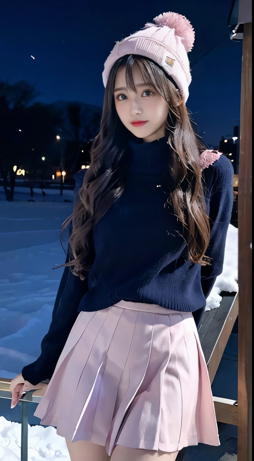 The beauty of winter spreads,outdoors,garden,Night sky ADDCOMM ADDCOL ADDCOL Blue moon ADDROW Snow ADDCOL It&#39;It&#39;s snowing&#39;Snowy ADDROW Pink Primrose Flower ADDCOL 1girl,long hair,black hair,flowing bangs:1.3,green eyes,mole under left eye:1.3,black eye,medium breasts,pink heart hair accessories,Winter clothes,sweater,beanie hat,long sleeve,scarf,turtleneck,sleeves go above the wrist,ribbed sweater
ADDCOL
ADDROW pink primula flowers
ADDCOL 1girl,pleated skirt ADDCOL
 (masterpiece:1.2), (highest quality:1.2)