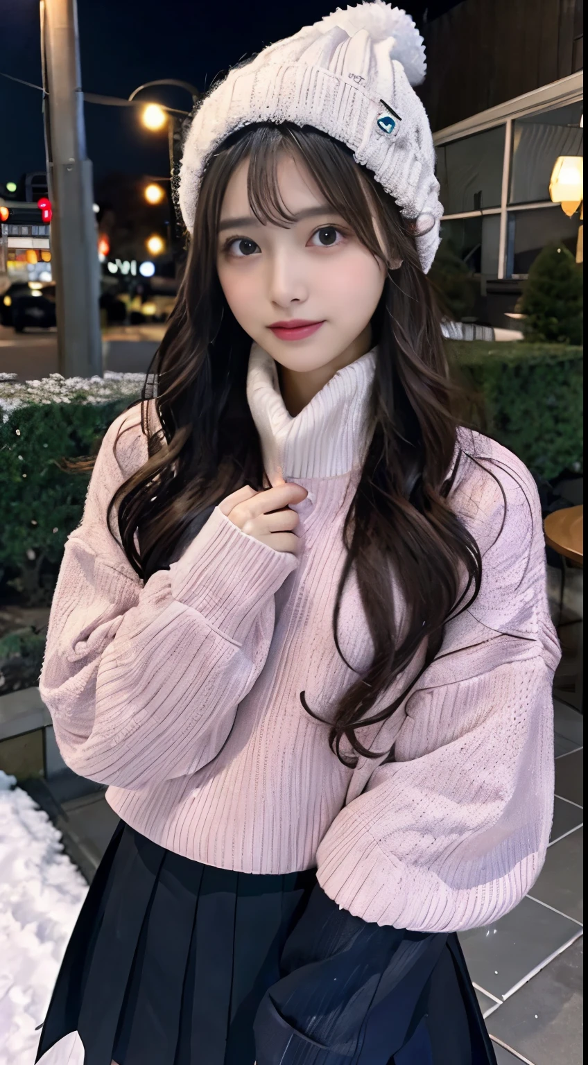The beauty of winter spreads,outdoors,garden,Night sky ADDCOMM ADDCOL ADDCOL Blue moon ADDROW Snow ADDCOL It'It's snowing'Snowy ADDROW Pink Primrose Flower ADDCOL 1girl,long hair,black hair,flowing bangs:1.3,green eyes,mole under left eye:1.3,black eye,medium breasts,pink heart hair accessories,Winter clothes,sweater,beanie hat,long sleeve,scarf,turtleneck,sleeves go above the wrist,ribbed sweater
ADDCOL
ADDROW pink primula flowers
ADDCOL 1girl,pleated skirt ADDCOL
(masterpiece:1.2), (highest quality:1.2)