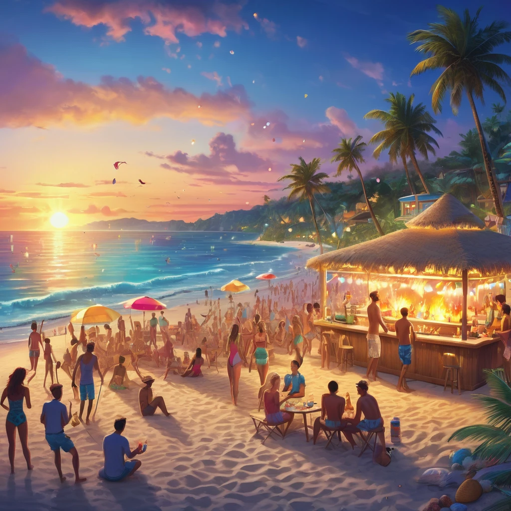 a crowded beach with people dancing and enjoying the parties, aesthetic, extremely detailed, colorful umbrellas and beach chairs, refreshing drinks and cocktails, upbeat music playing in the background, beach volleyball game in progress, children building sandcastles, beautiful sunset view on the horizon, palm trees swaying in the breeze, clear blue waters with waves crashing on the shore, people wearing swimsuits and sunglasses, vibrant and energetic atmosphere, happy and smiling faces, sandy beach with seashells scattered around, sunscreen lotion and towels, beach bonfire with people roasting marshmallows and singing, fireworks lighting up the sky, beachside bar serving tropical drinks, laughter and joyful conversations, cool ocean breeze, vibrant and dynamic colors, golden sunlight reflecting on the water, beachside food stalls offering delicious snacks and seafood, beach parties decorations with banners and balloons. (best quality,4k,8k,highres,masterpiece:1.2),ultra-detailed,(realistic,photorealistic,photo-realistic:1.37), HDR, UHD, studio lighting, extreme detail description, professional, vivid colors, bokeh, beach , portraits, landscape