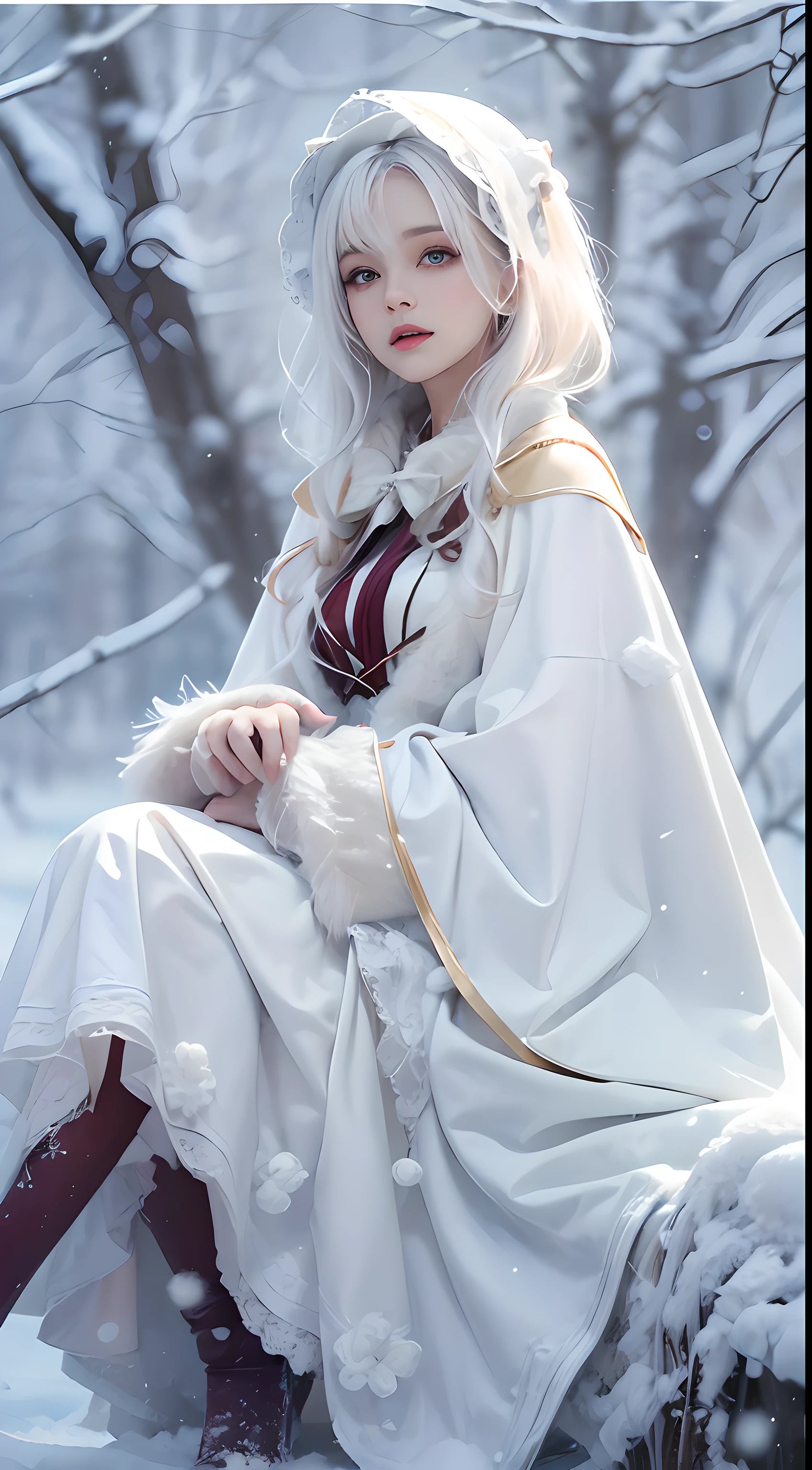 lifelike, high resolution, 1 female, alone, Buttocks up,(lolita costume), beautiful eyes, white hair, eye socket, (sit,Cloak,snowfield),((Lift up her skirt,spread legs)),