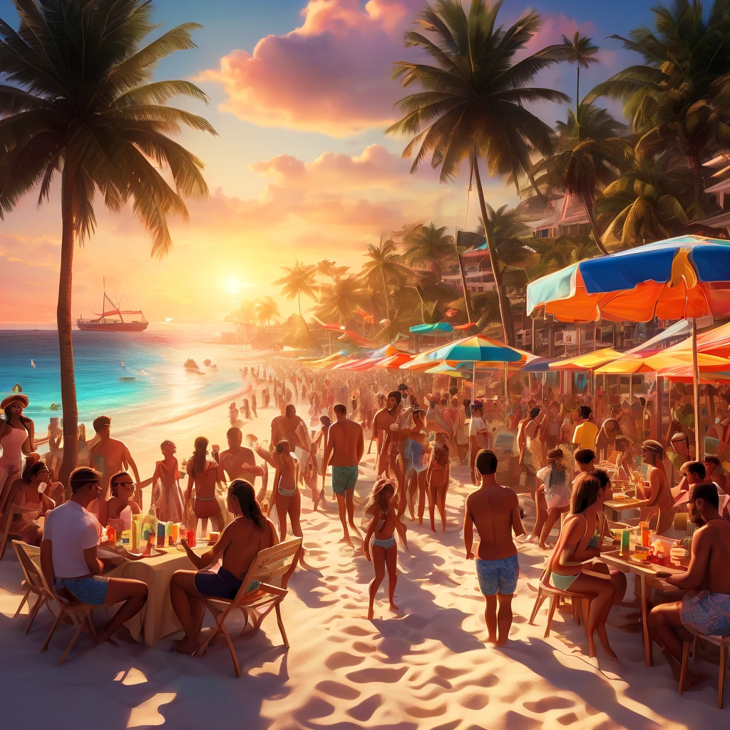 beach Summer festival, festival atmospher, camping, barbecue, anime realism, best quality, masterpiece, 8k, Representative work, official art, Professional, Ultra intricate detailed