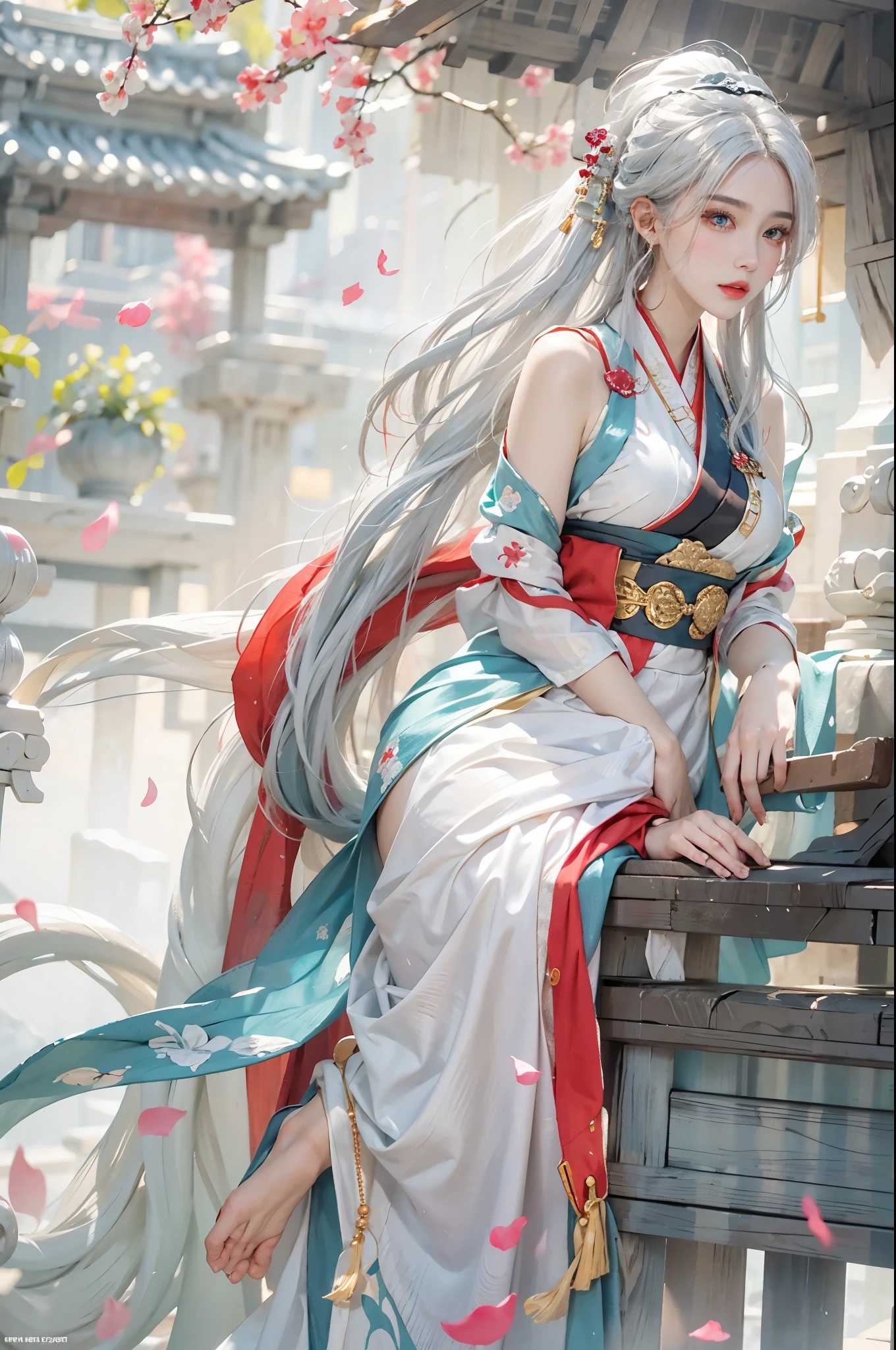 lifelike, high resolution, rich and colorful, color splash, splash, 1 girl, alone, Buttocks up, beautiful eyes, white hair, Medium chest, Complex Jinqi Hanfu, Gorgeous accessories, wearing pearl earrings