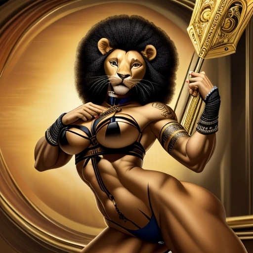 ultra-detailed, high ((best quality)), ((art)), majestic and intricately detailed smooth oil painting (beautiful woman,Nigerian, muscular body, full body afro tattoos, graceful,sensuality, orgasm, eroticism, 1 arena fighting with a lion, refined and elegant, cubism style, Salvador Dali style -ar 9:16 - v6