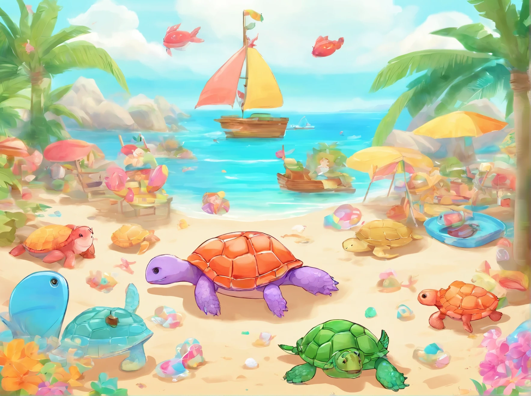 deformed anime style, best quality, turtles, crabs, hermit crabs, and small sharks gathering on a private beach to have a , sparkling sea, white sand beach, pastel color, vivid color, motion-blur, action-lines, speed-lines