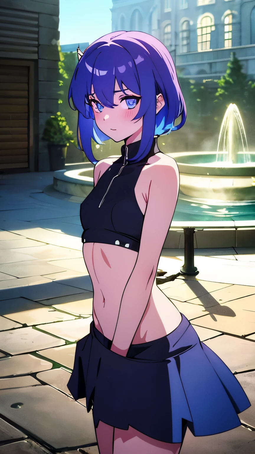 1 girl ,(big Stigmata), non binary, androgynous, School courtyard, (floating hair), ((in courtyard fountain)), character focus, ((black light)),((dark lighting)), cinematic lighting ,(darkness), (concept art), ((lustful face)), blue short straight hair, light blue hair color, dragonoid girl, short, short blue hairy, glowing bluish-purple horns, bluey-purple eye color, (glowing eyes), high resolution,(incredibly absurdres) ,extremely detailed CG unity 8k wallpaper, ((masterpiece)), ((top-quality)), (beautiful illustration), ((an extremely delicate and beautiful)), (masterpiece, Best quality, ultra high resolution), 1 girl, pale skin, Black Crown, purple eyes, Luminous_eyes, neon blue eyes, ultra detailed eyes, Beautiful and detailed face, detailed eyes, (Centered, torso), (wide shot:0.9), facing the viewer, Eye level, flat chested, flat chest, cup size AAA, Wearing black cargo shorts, sharp horns, blue horns on top of head, sexy, sexy pose, blushing