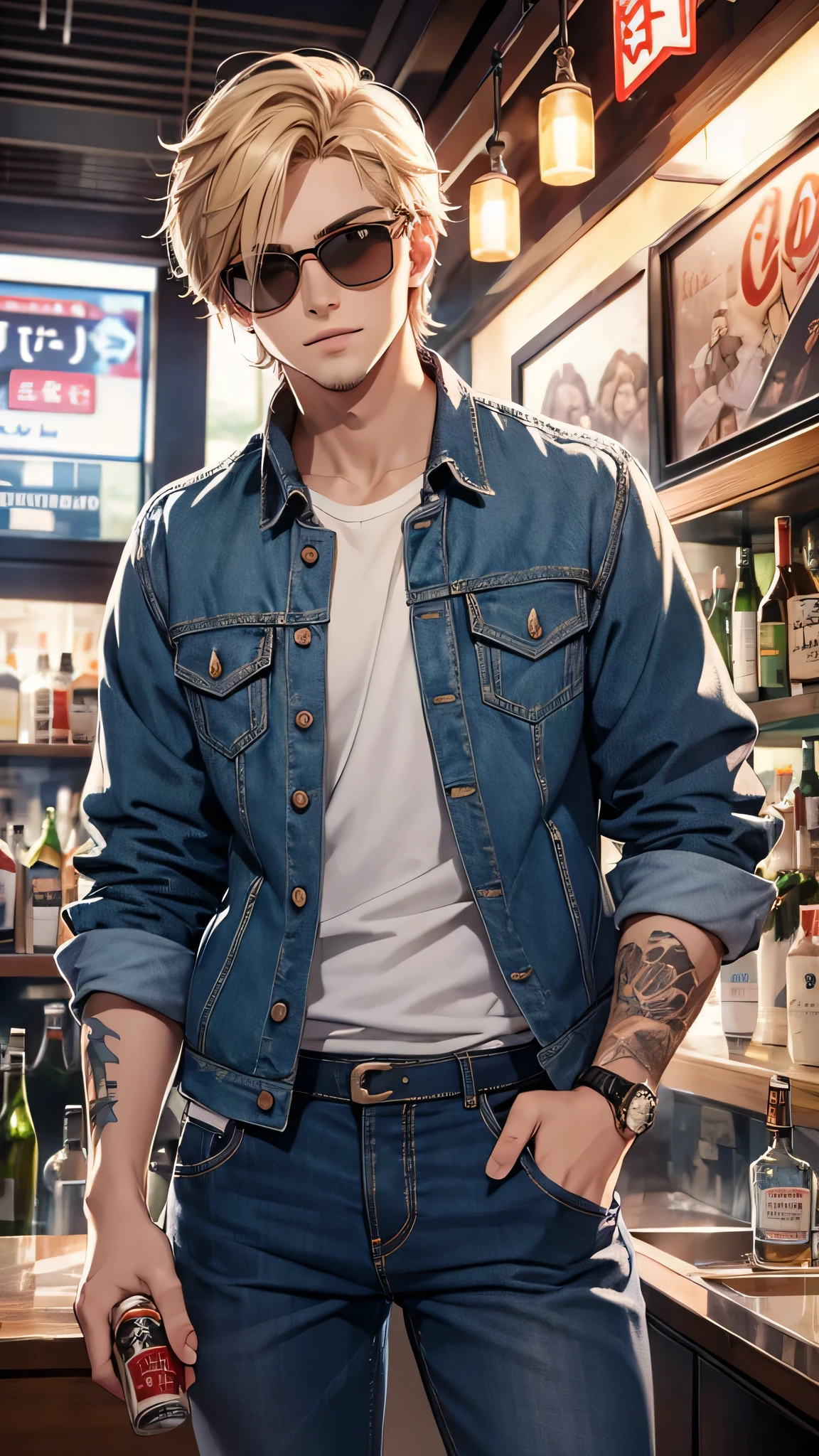 最high quality、best image quality、masterpiece、male((20-year-old、 By becoming、wide open breast tea、輝くeye, blonde、shortcut、black vest、blue t-shirt、denim pants、Wristband、stubble、muscular、eye、sunglasses、full body tattoo、smile、holding beer bottles、red long sleeve jacket)),high quality、beautiful art、background((Tokyo,bar))、Flight、debris flies、Depth of written boundary、movie、visual art、perfect art、8k,genuine、