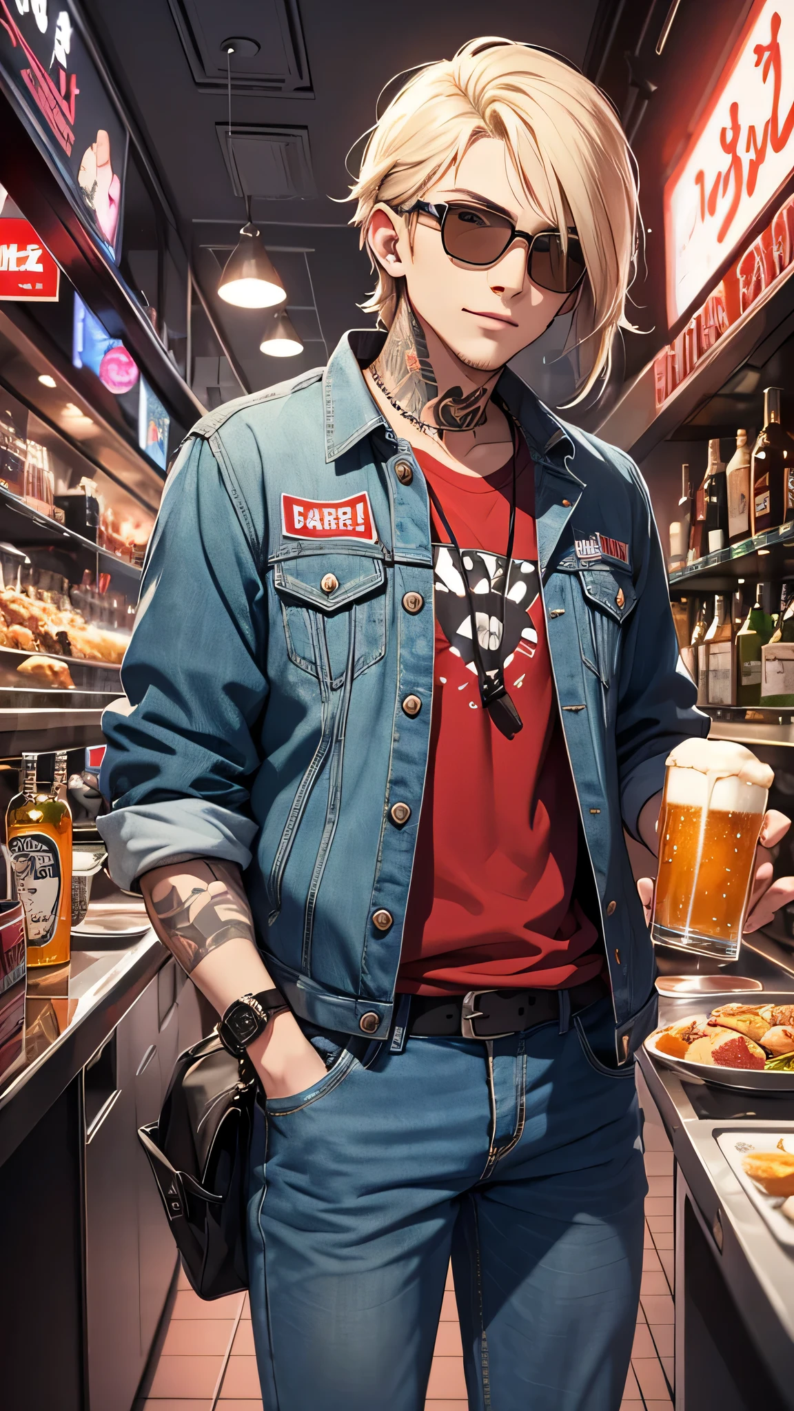 最high quality、best image quality、masterpiece、male((20-year-old、 By becoming、wide open breast tea、輝くeye, blonde、shortcut、black vest、blue t-shirt、denim pants、Wristband、stubble、muscular、eye、sunglasses、full body tattoo、smile、holding beer bottles、red long sleeve jacket)),high quality、beautiful art、background((Tokyo,bar))、Flight、debris flies、Depth of written boundary、movie、visual art、perfect art、8k,genuine、