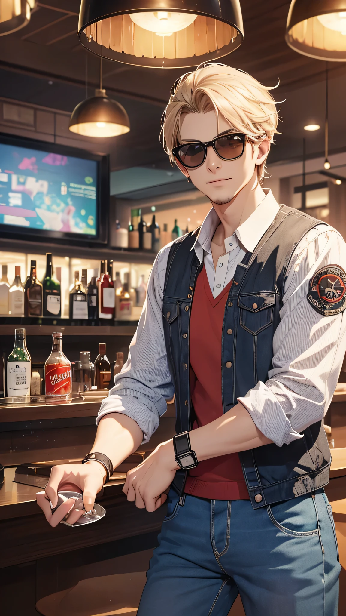最high quality、best image quality、masterpiece、male((20-year-old、 By becoming、wide open breast tea、輝くeye, blonde、shortcut、black vest、blue t-shirt、denim pants、Wristband、stubble、muscular、eye、sunglasses、full body tattoo、smile、holding beer bottles、red long sleeve jacket)),high quality、beautiful art、background((Tokyo,bar))、Flight、debris flies、Depth of written boundary、movie、visual art、perfect art、8k,genuine、