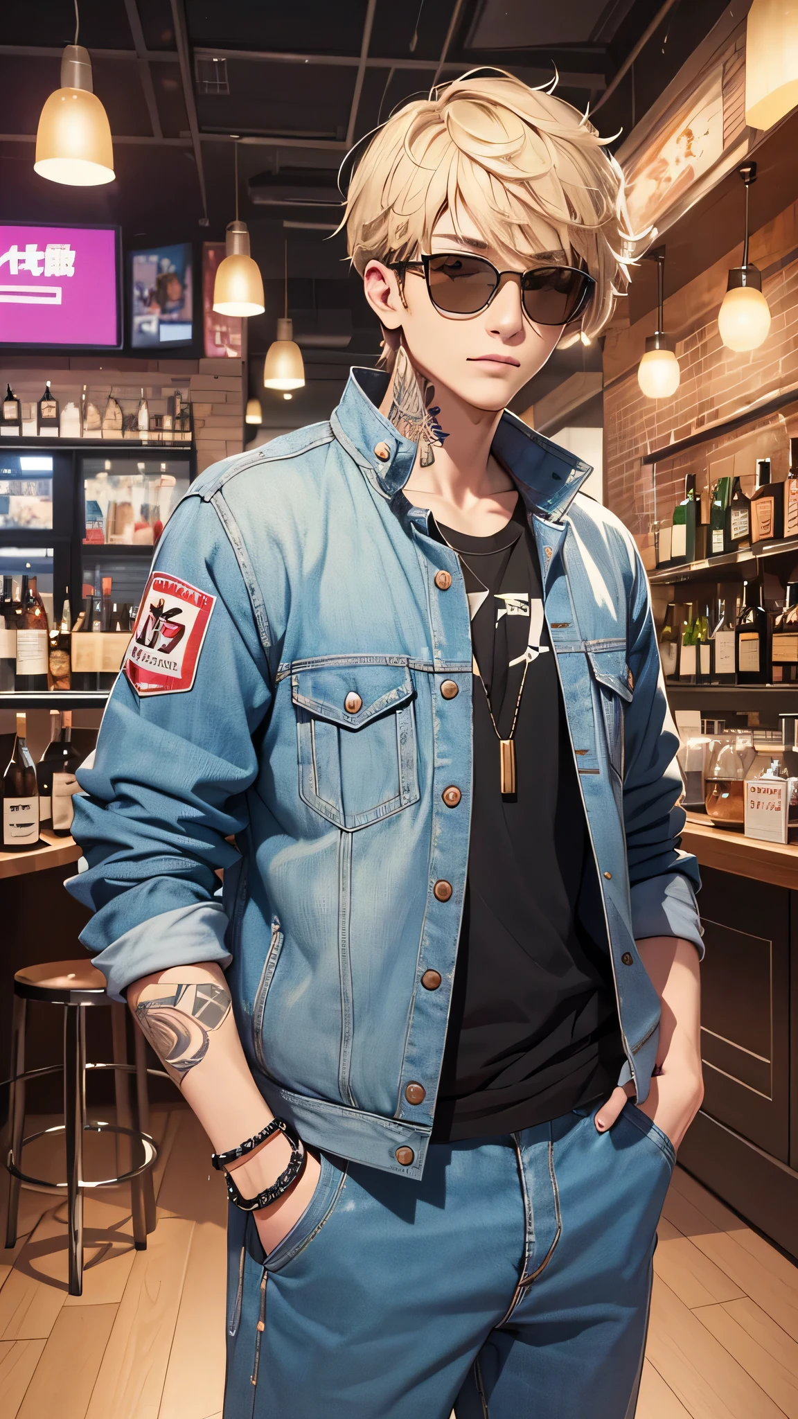 最high quality、best image quality、masterpiece、male((20-year-old、 By becoming、wide open breast tea、輝くeye, blonde、shortcut、black vest、blue t-shirt、denim pants、Wristband、stubble、muscular、eye、sunglasses、full body tattoo、smile、holding beer bottles、red long sleeve jacket)),high quality、beautiful art、background((Tokyo,bar))、Flight、debris flies、Depth of written boundary、movie、visual art、perfect art、8k,genuine、