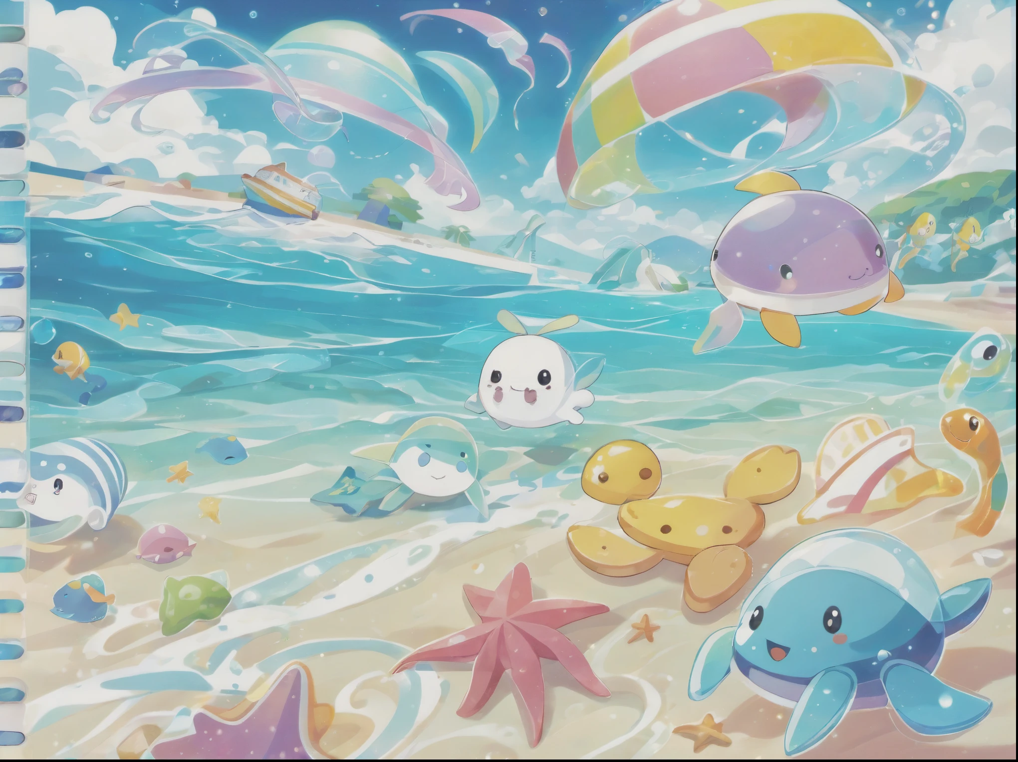 cute anime style, best quality, sea creatures gather and  on a private beach, sparkling sea, white sand, pastel colors, vivid colors, motion blur, action lines, speedy lines