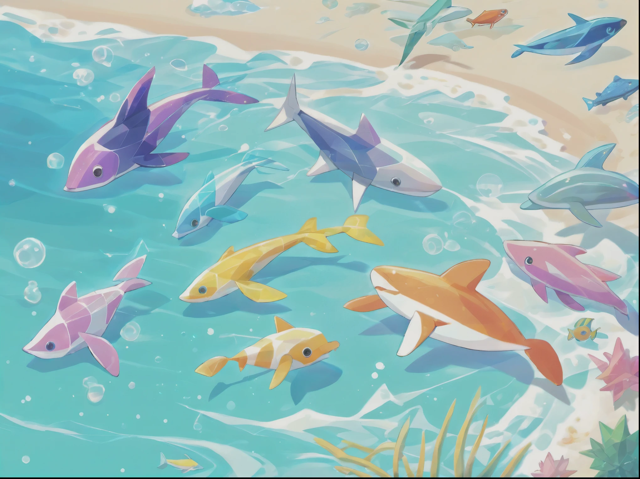 cute anime style, best quality, sea creatures gather and  on a private beach, sparkling sea, white sand, pastel colors, vivid colors, motion blur, action lines, speedy lines