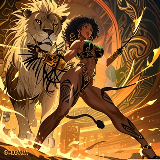 ultra-detailed, high ((best quality)), ((art)), majestic and intricately detailed smooth oil painting (beautiful black woman,Nigerian, muscular body,African tattoos all over her body, graceful,sensuality, orgasm, eroticism, 1 arena fighting with a lion, exquisite and elegant, cubism style, Salvador Dali style -ar 9:16 - v6