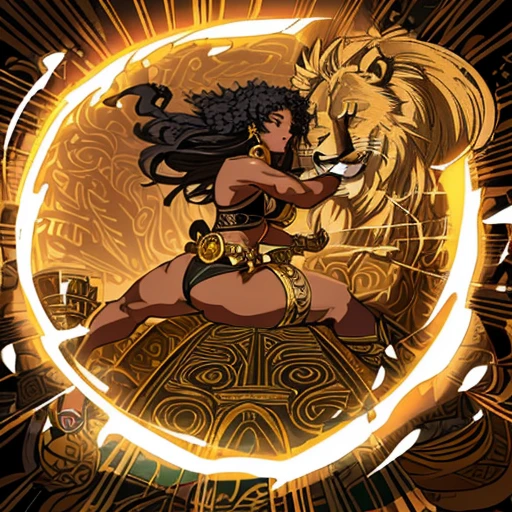 ultra-detailed, high ((best quality)), ((art)), majestic and intricately detailed smooth oil painting (beautiful black woman,Nigerian, muscular body,African tattoos all over her body, graceful,sensuality, orgasm, eroticism, 1 arena fighting with a lion, exquisite and elegant, cubism style, Salvador Dali style -ar 9:16 - v6