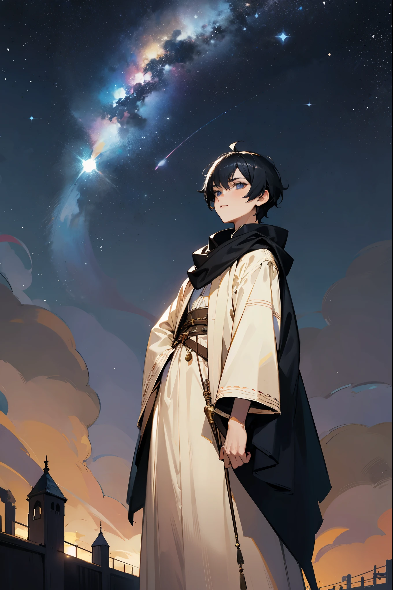 1male, black hair, flowing short hair, starry eyes, celestial background, old medieval clothing, old city background, starry sky, annoyed expression, standing on path