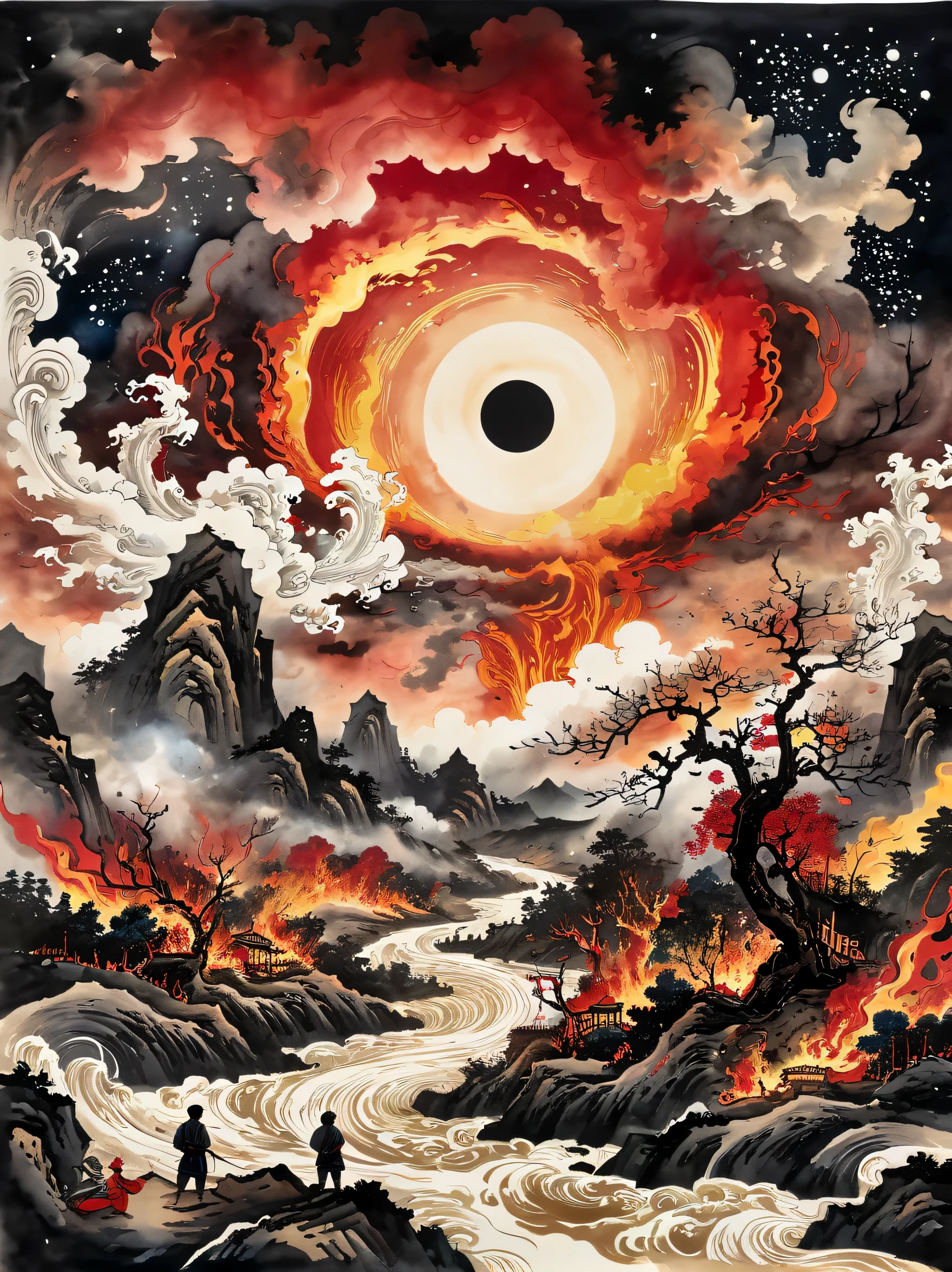 super detailed，Chinese ink style，Chinese Dream Landscape，epic disaster scene，Depicts an alien star invasion that plunges a river into chaos. reception, Silhouette of a man standing, His eyes were fixed on the starry sky above his head, In a forest engulfed in flames. The clouds above are hovering together, forming a huge eye shape. In the center of this eye, A radiant star comes, Symbolizing the fusion of heaven and earth. The contrast between fiery red and deep black clouds，dominates the scene, Reflects the conflict between warm and cold tones. This depiction provides a sense of space fragmentation and a sci-fi atmosphere, create a mixed style，instill a sense of fear and fascination.