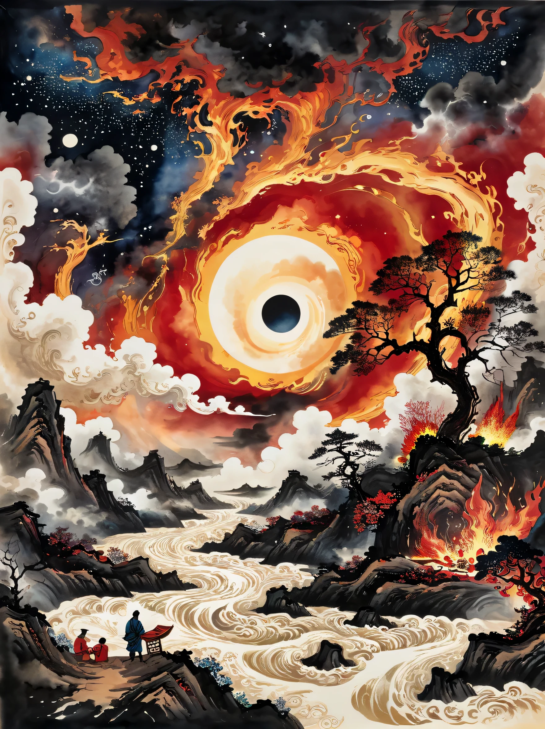super detailed，Chinese ink style，Chinese Dream Landscape，epic disaster scene，Depicts an alien star invasion that plunges a river into chaos. reception, Silhouette of a man standing, His eyes were fixed on the starry sky above his head, In a forest engulfed in flames. The clouds above are hovering together, forming a huge eye shape. In the center of this eye, A radiant star comes, Symbolizing the fusion of heaven and earth. The contrast between fiery red and deep black clouds，dominates the scene, Reflects the conflict between warm and cold tones. This depiction provides a sense of space fragmentation and a sci-fi atmosphere, create a mixed style，instill a sense of fear and fascination.
