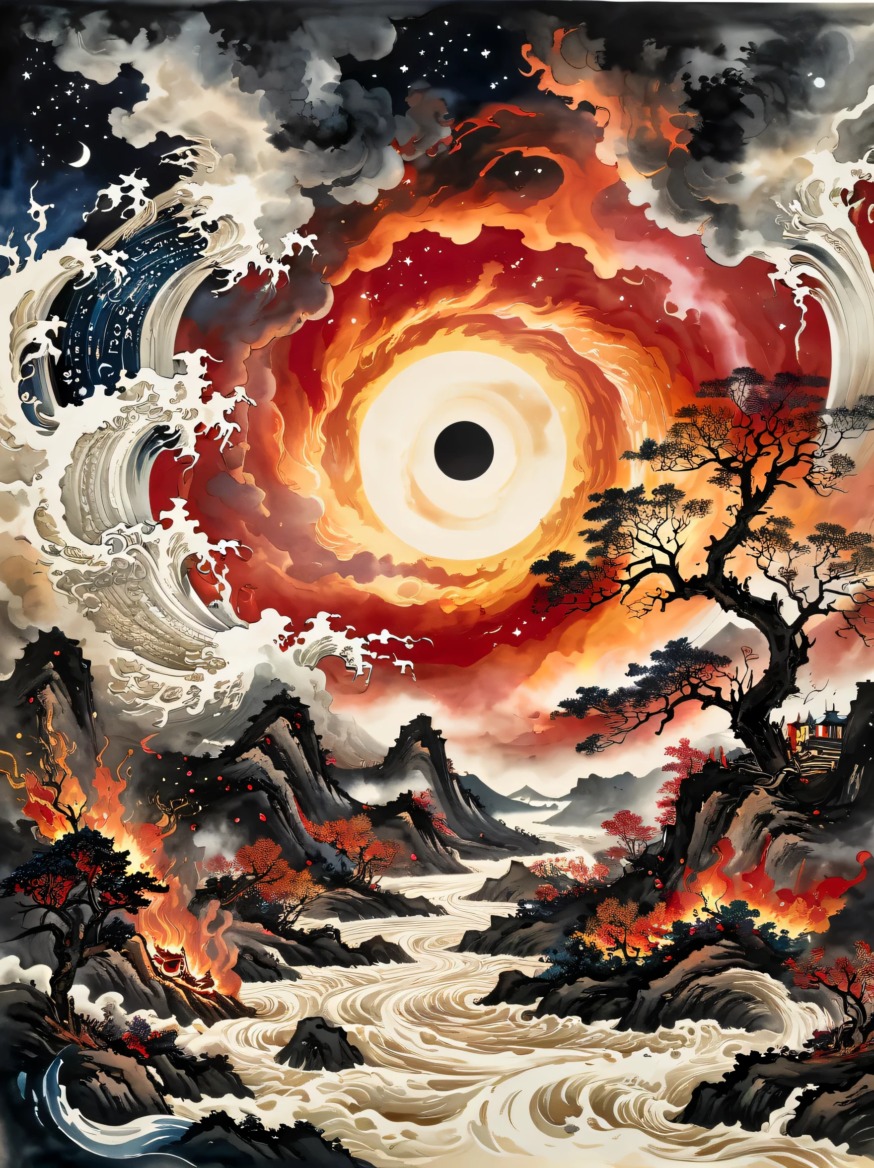 super detailed，Chinese ink style，Chinese Dream Landscape，epic disaster scene，Depicts an alien star invasion that plunges a river into chaos. reception, Silhouette of a man standing, His eyes were fixed on the starry sky above his head, In a forest engulfed in flames. The clouds above are hovering together, forming a huge eye shape. In the center of this eye, A radiant star comes, Symbolizing the fusion of heaven and earth. The contrast between fiery red and deep black clouds，dominates the scene, Reflects the conflict between warm and cold tones. This depiction provides a sense of space fragmentation and a sci-fi atmosphere, create a mixed style，instill a sense of fear and fascination.