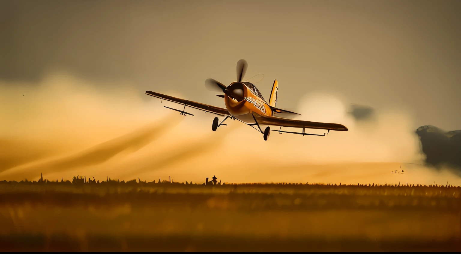there is a small plane that is flying in the air, brasas douradas voando, por Eric Taylor, atmosfera empoeirada, motes de poeira no ar, Epic Low Shot, por Peter Churcher, por Derek Hill, low shooting angle, flour powder flying, sujeira e grawel no ar, por David Simpson, poeira no ar, low level view, aeronaves voadoras