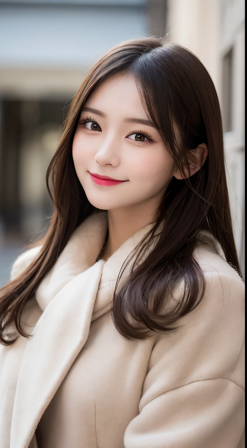 table top, highest quality, shape, Super detailed, finely, High resolution, 8k wallpaper, 完璧なダイナミックな構shape, beautiful and detailed eyes, Gorgeous black fluffy Tokyo winter clothes,ランダムなcute髪,,natural color lip, bold sexy pose,smile、20 year old girl、cute、sexy shot looking at camera,Always blur the background,perfect and beautiful face,Take only the face,beautiful and detailed face、slim face and style,Big eyes、do gal makeup,small face,Wearing a luxury brand mink coat,blur the background,smile