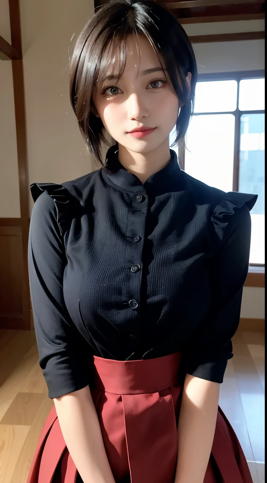 Masterpiece, 1 beautiful girl, Detailed, Swollen eyes, Top quality, ultra high resolution, (reality: 1.4), Original photo, 1girll, Cinematic lighting, Smiling,（huge tit） ，Asian beauty, Korean female, Clean, Super beautiful, little young face, Beautiful skin, Slender, Cyberpunk background, (Ultra photo realsisim), (high resolution), (8K), (Very detailed), (Best Illustration), (Beautifully detailed eyes), (Super detailed), (the wallpaper), (Detailed face), audience looking, finedetail, Detailed face, pureerosfaceace_V1, Smiling, 46-point oblique bangs, Staring straight ahead, Neat and clean clothes, Black colored eyes, Red armor, Traditional Japanese red armor, Short skirt, The hair color is bright red, body facing front, nice thigh,