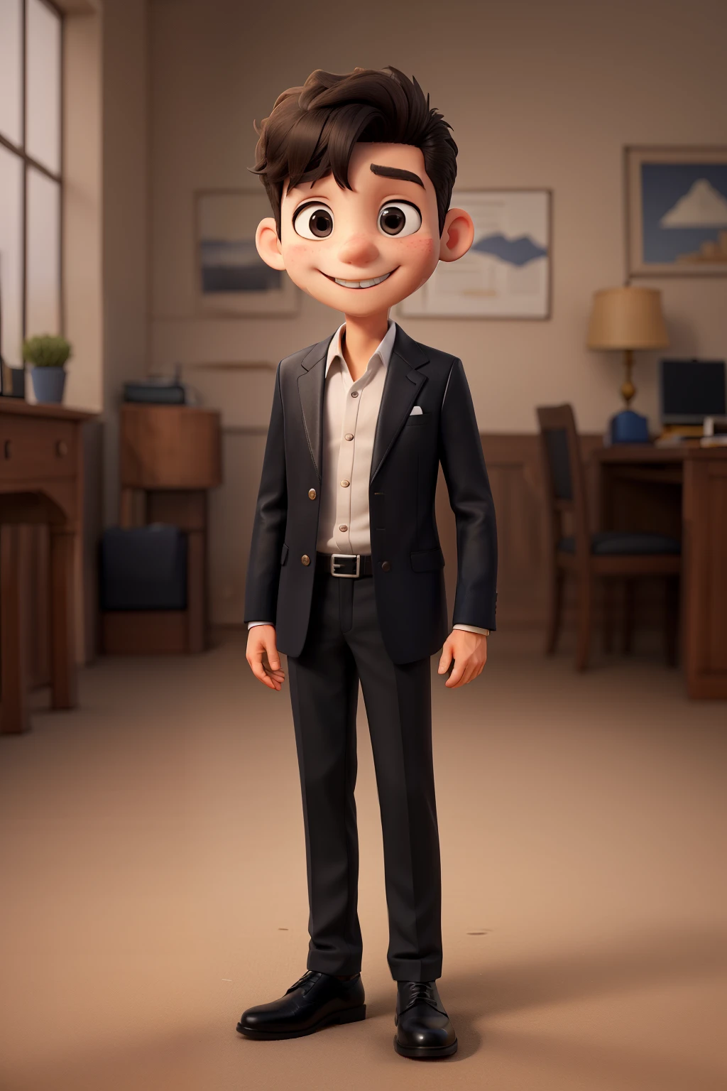 1boy,suit,black leather shoes,Knee Shot,Smile,