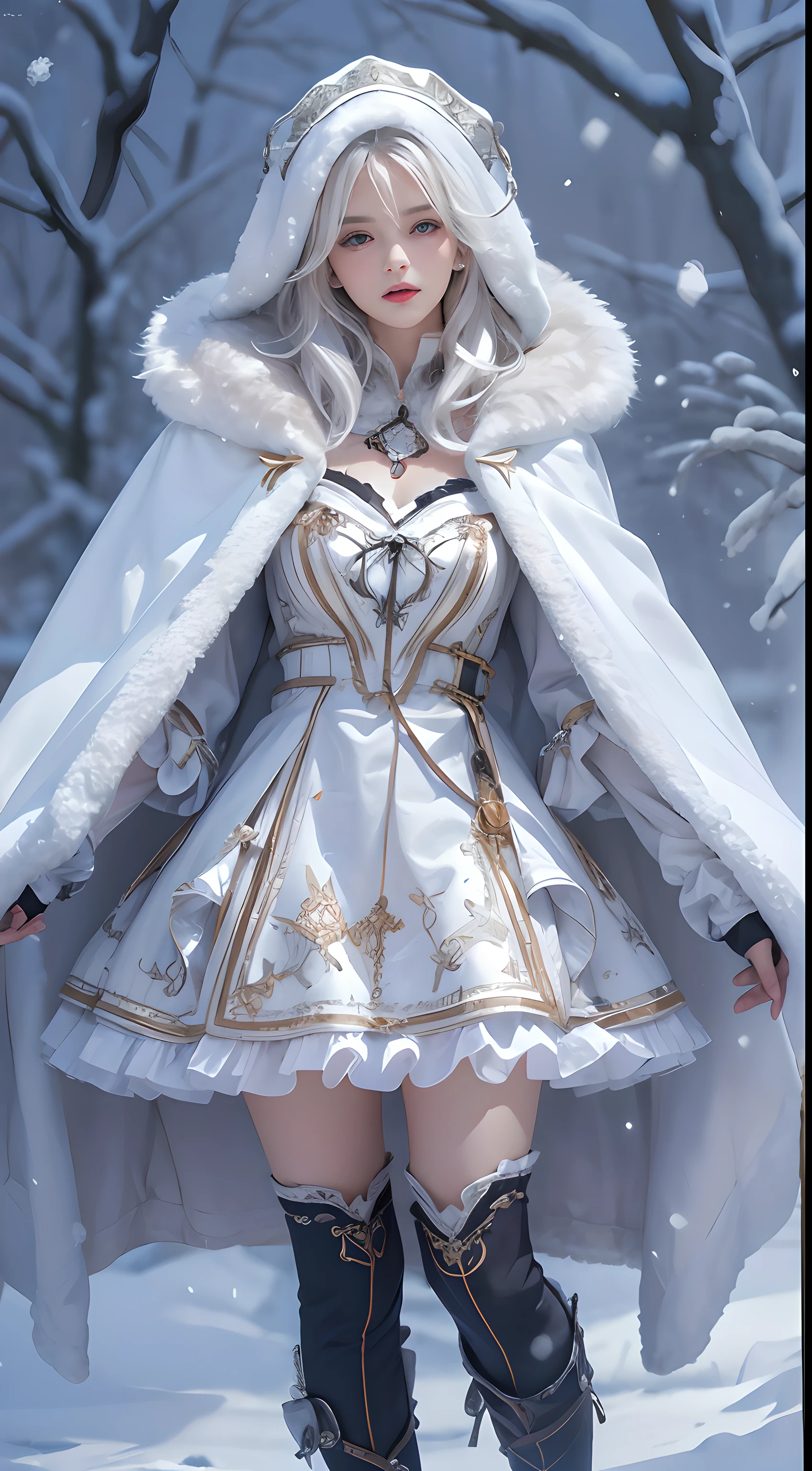 lifelike, high resolution, 1 female, alone, (ta costume),Gorgeous costumes,facing the audience,upper part of body,thigh, beautiful eyes, white hair, eye socket, (external,heavy snow,Cloak,covered with snow),snowfield