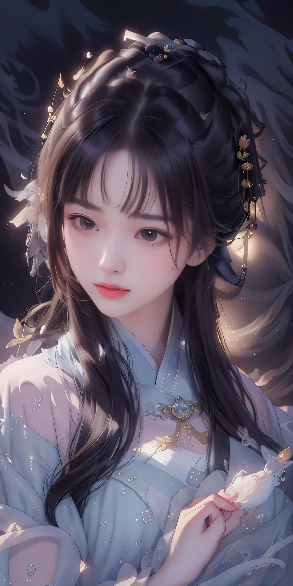 heroes&#39;A masterpiece in the style of ancient Wei Zi，Close-up of a woman with white hair，elaborate oriental yellow dresistic，Antique rhyme，Exquisite epic character art，The delicate brushstrokes and depth of field in the picture make you immersed in the scene，rays of moonlight，natta，sharp look