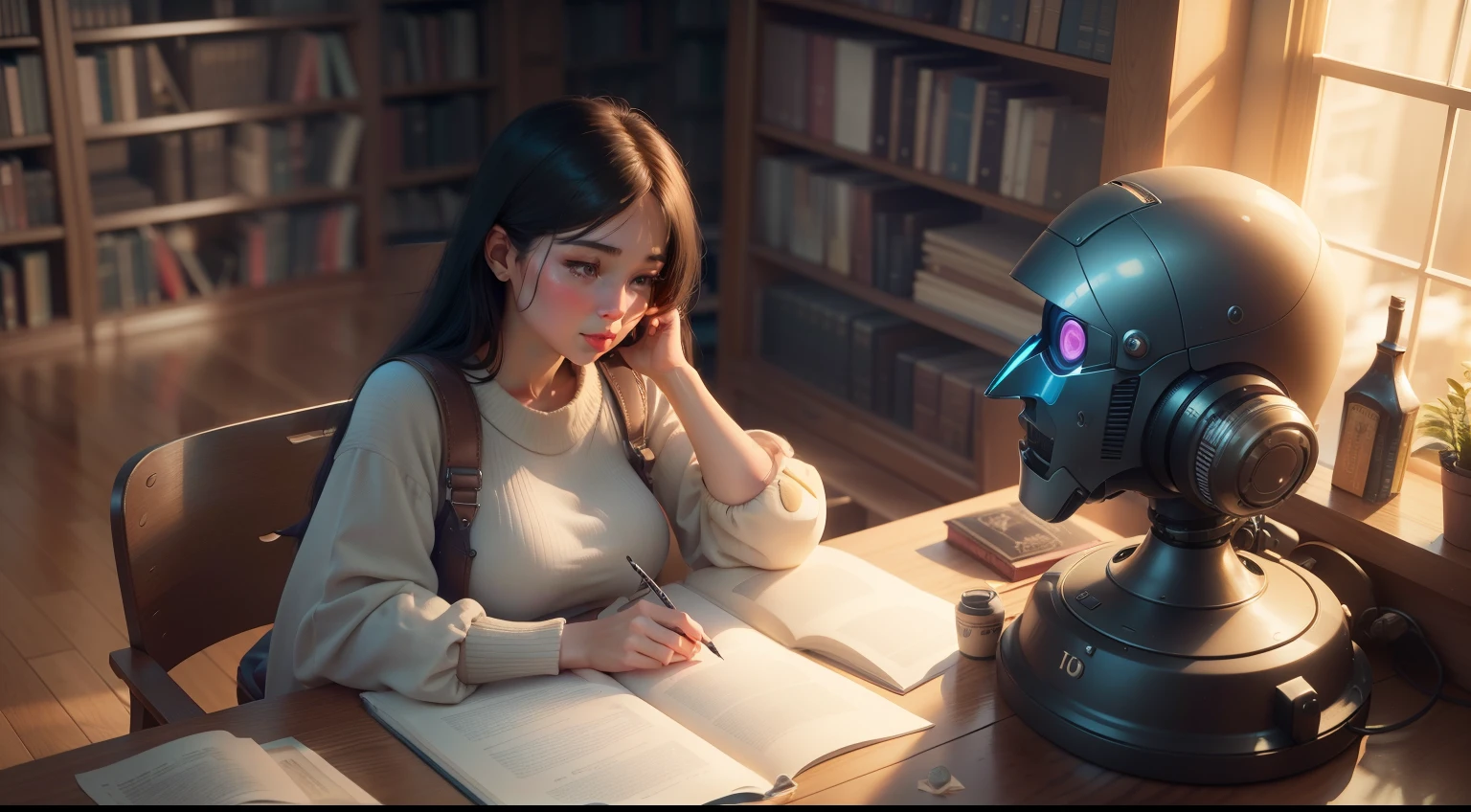 Cute hyper-realistic girl studying on computer with AI robot, (((How does the computer work?))), Men happily converse with robots., No glasses., ((Vineyard)), ((Retro)), Color scheme, Tetradic pastel, 3D vector art, Glossy background, Cute and quirky, Fantasy Art, Watercolor effect, bokeh, Adobe Illustrator, Hand painting, Digital Painting, Low polyethylene, gentle lighting, Bird's eye view, Three-dimensional style, Retro aesthetics, Character-centric, 4K resolution, Photorealistic rendering, Use Cinema 4D, (((Interior details of the library)))