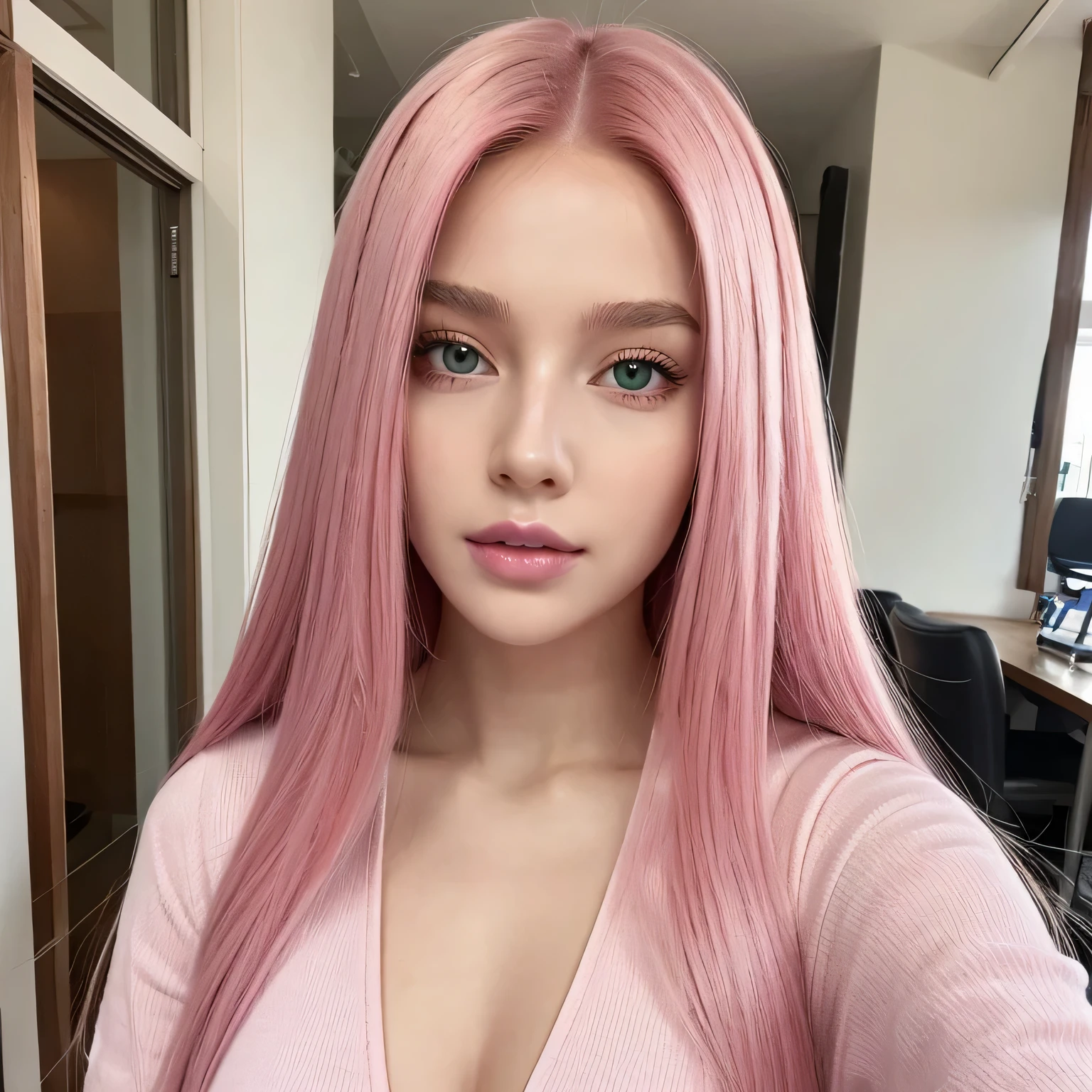 Selfie of a girl with Long straight middle parted pink hair, green brigth eyes, caucasian, natural lips, realistic skin, europian, at a basketball field