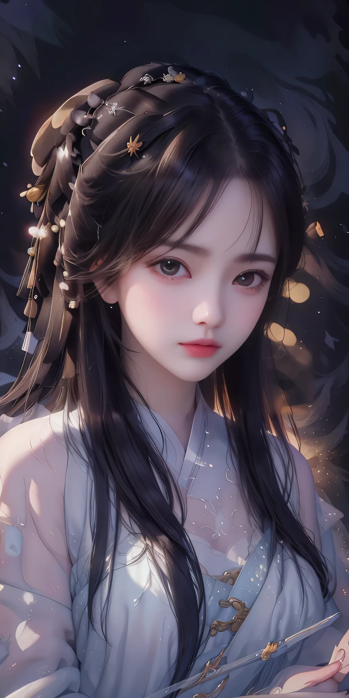 heroes&#39;A masterpiece in the style of ancient Wei Zi，Close-up of a woman with white hair，elaborate oriental yellow dresistic，Antique rhyme，Exquisite epic character art，The delicate brushstrokes and depth of field in the picture make you immersed in the scene，rays of moonlight，natta，sharp look