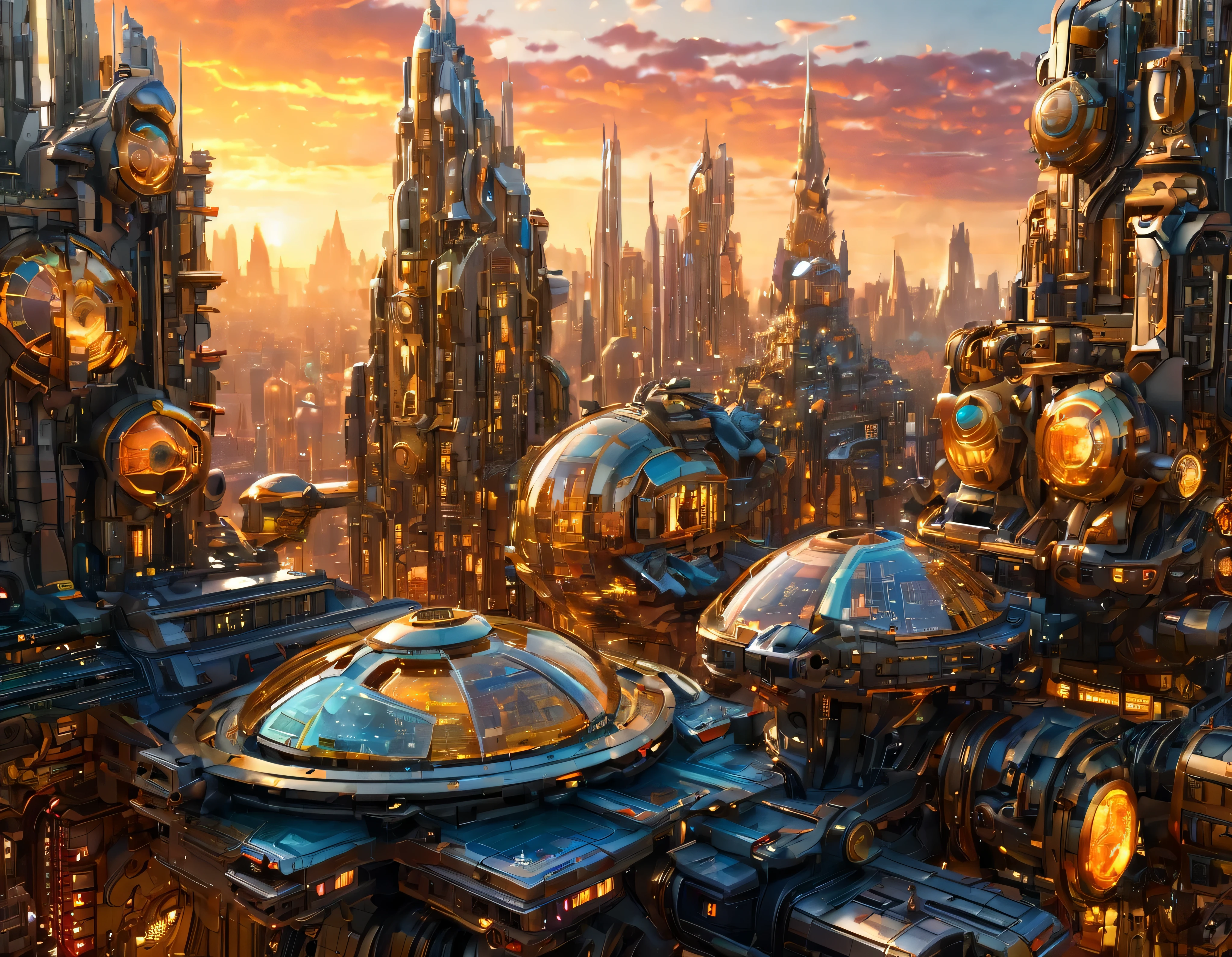 (golden hour lighting), megacity, megalopolis of an imaginary world of science fiction , parecido a una disneylandia futurista, and maximum fantasy, con inmensos edificios y rascacielos ovalados y dodecaedricos agrupados de metal y cristal donde predomina la plata y los anuncios luminosos de colores. imagen bien definida 8k, (intrincados detalles de la maquina), con muchos edificios juntos.(obra maestra de superior calidad).(imagen fotorrealista), nitidez absoluta hasta el fondo