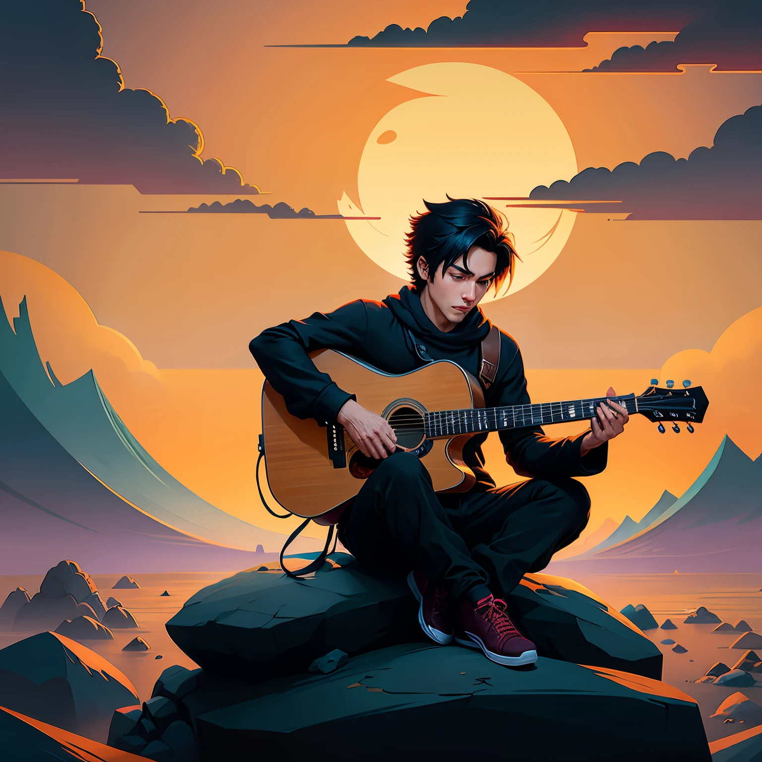 close-up of a man, playing guitar on a stone, Cyril Rolando и Горо Фудзита, inspired Tom Whalen, Naruto's Art Style, inspired by Shubun Tensho, Tom Whalen, Cyril Rolando, From Naruto, Tom Whalen 8 K, inspired Cyril Rolando