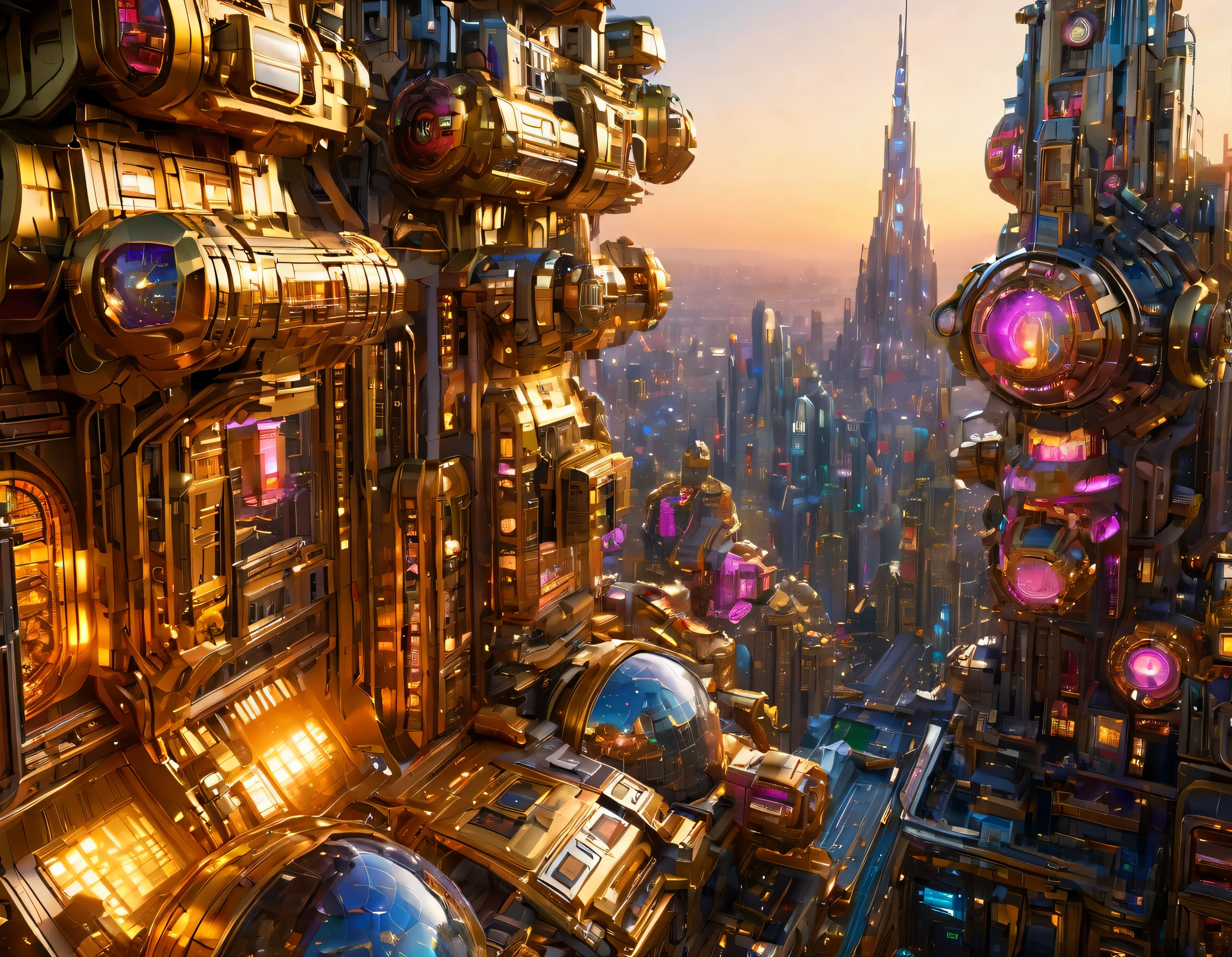 (golden hour lighting), megacity, megalopolis of an imaginary world of science fiction , parecido a una disneylandia futurista, and maximum fantasy, con inmensos edificios y rascacielos ovalados y dodecaedricos agrupados de metal y cristal donde predomina la plata y los anuncios luminosos de colores. imagen bien definida 8k, (intrincados detalles de la maquina), con muchos edificios juntos.(obra maestra de superior calidad).(imagen fotorrealista), nitidez absoluta hasta el fondo