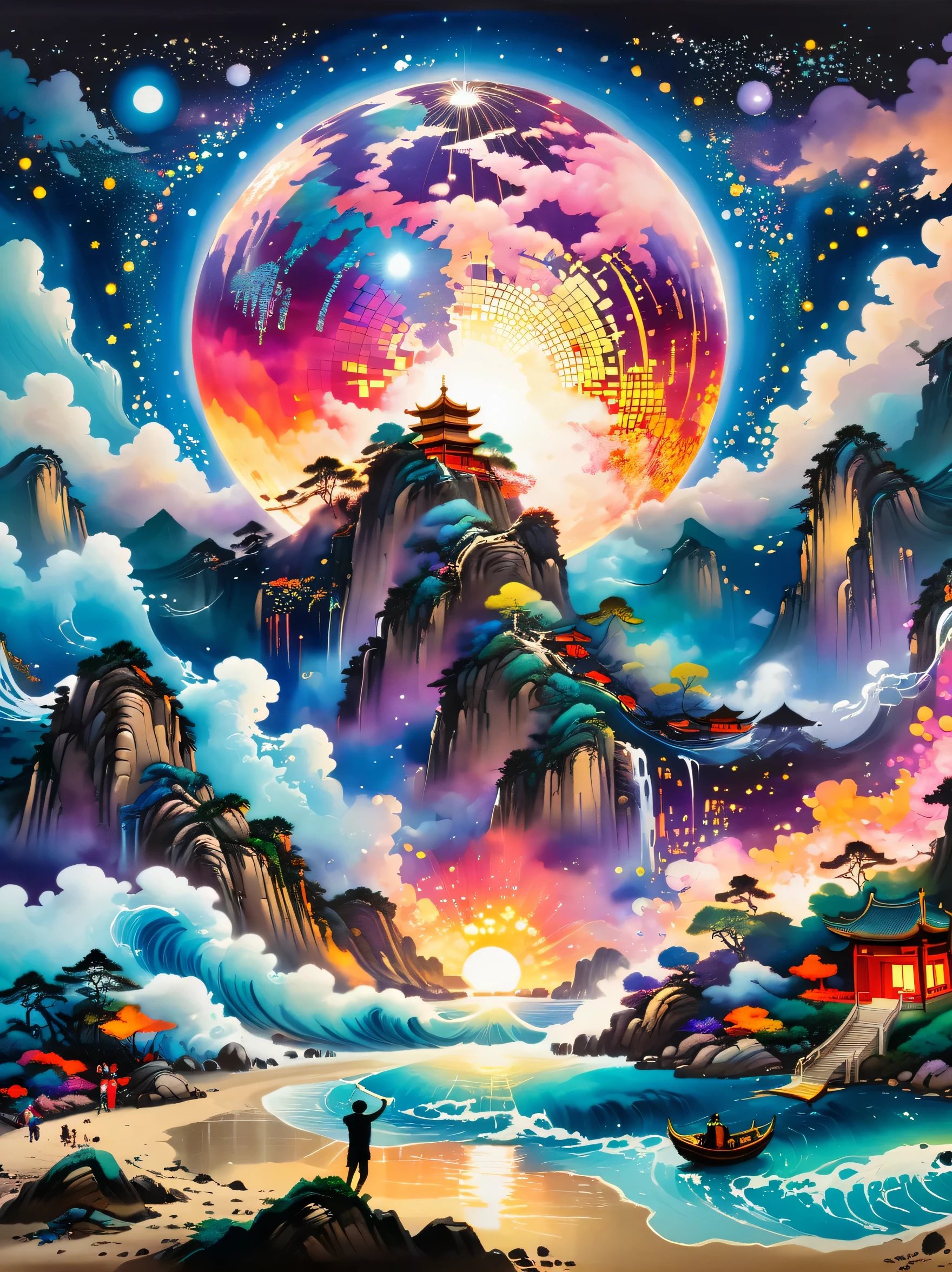 super detailed，Chinese ink style，Chinese Dream Landscape，Epic scene depicts a chaotic beach，Invaded by glowing stars falling from the sky. reception, Silhouette of a man standing on the beach，Immerse yourself in music and laughter, as their eyes are drawn to the celestial bodies above. The clouds above spiral together, Formed into the shape of a giant disco ball. at the center of the ball, A bright star comes, Symbolizing the fusion of celebration and carnival. Vibrant fireworks contrast with the lights, Showing a collision of warm and cool colors. This depiction provides a psychedelic and festive atmosphere, create a mixed style，Inject excitement and intoxication.