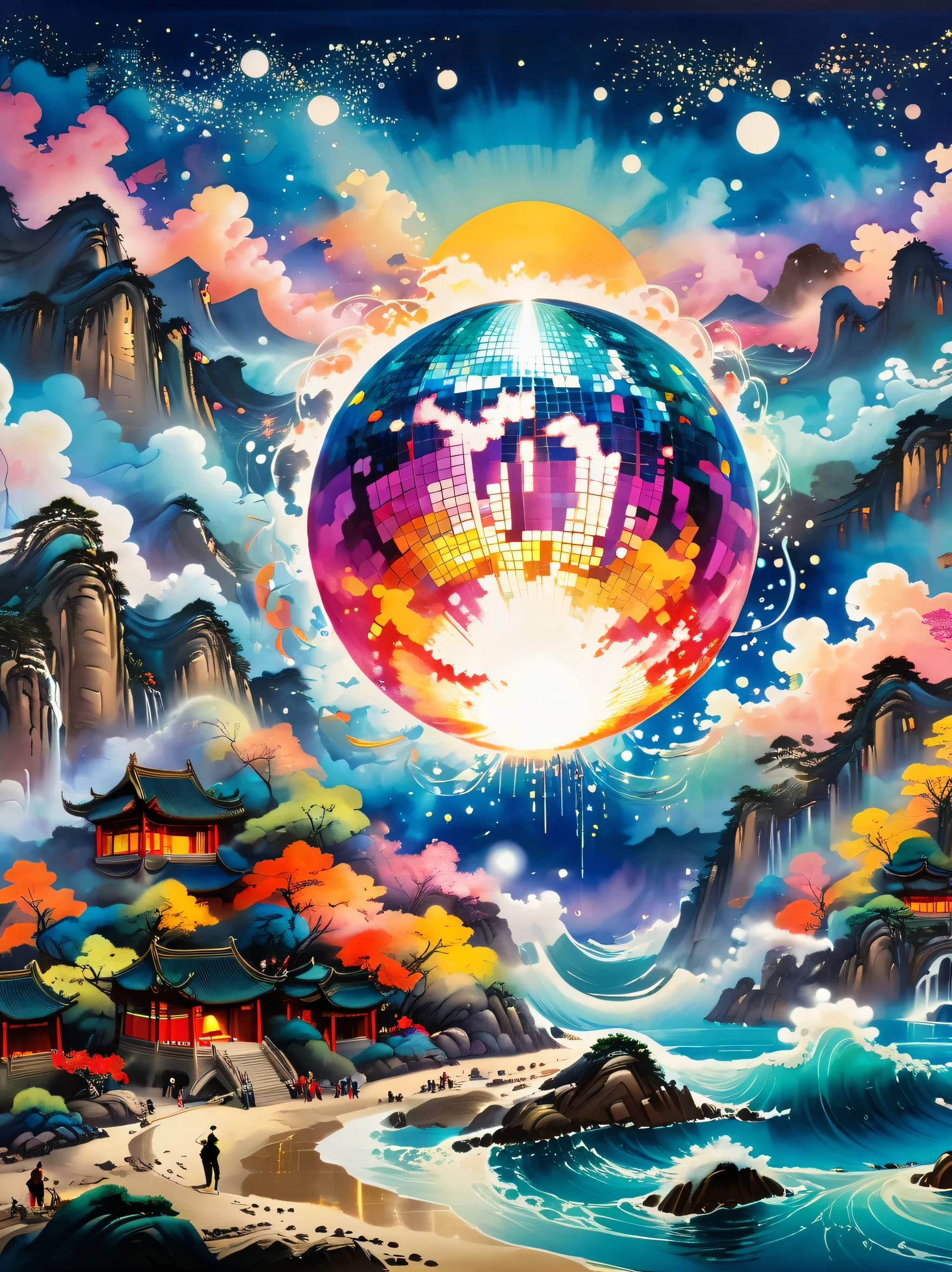 super detailed,Chinese ink style,Chinese Dream Landscape,Epic scene depicts a chaotic beach,Invaded by glowing stars falling from the sky. reception, Silhouette of a man standing on the beach,Immerse yourself in music and laughter, as their eyes are drawn to the celestial bodies above. The clouds above spiral together, Formed into the shape of a giant disco ball. at the center of the ball, A bright star comes, Symbolizing the fusion of celebration and carnival. Vibrant fireworks contrast with the lights, Showing a collision of warm and cool colors. This depiction provides a psychedelic and festive atmosphere, create a mixed style,Inject excitement and intoxication.