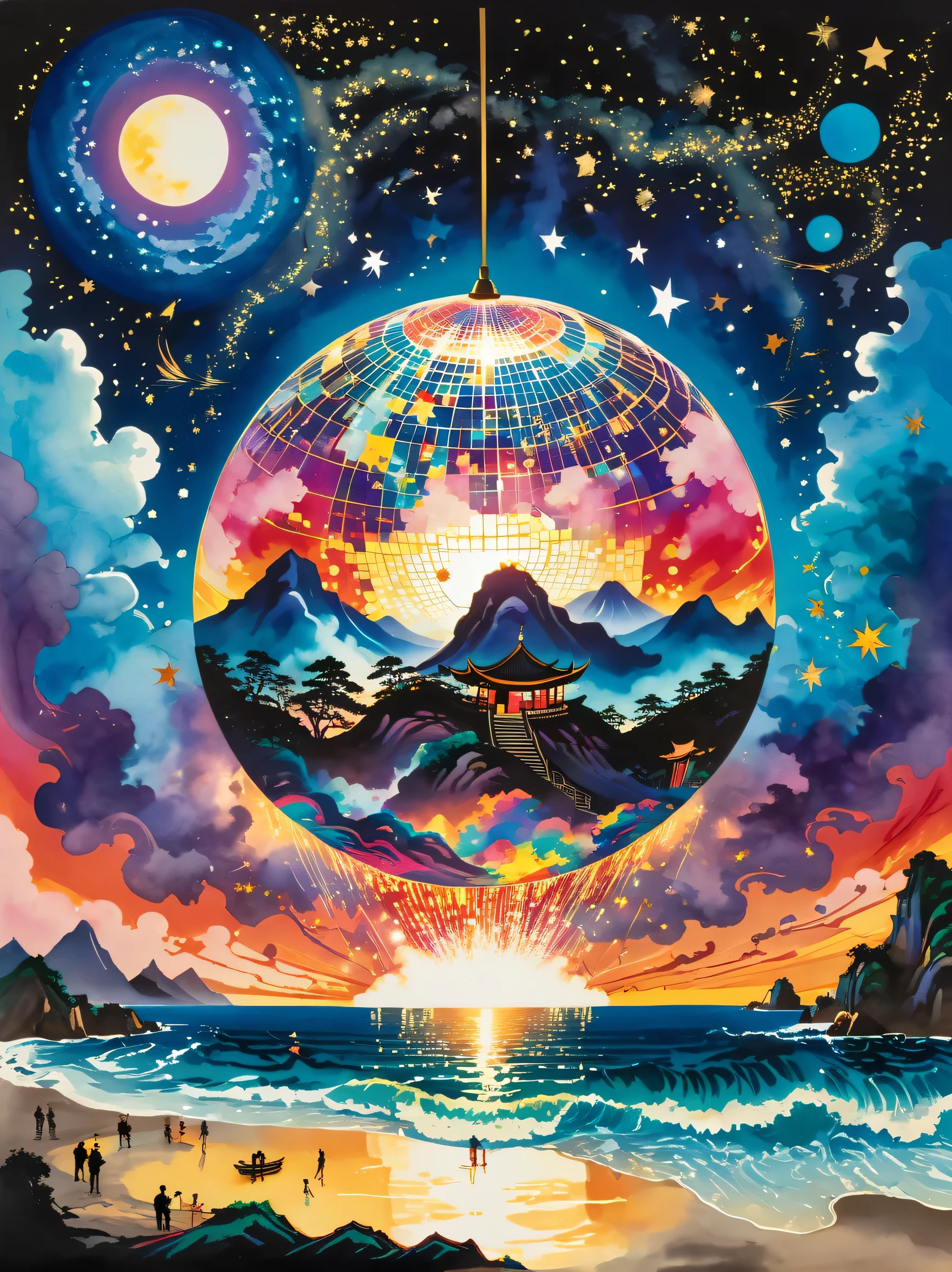 super detailed，Chinese ink style，Chinese Dream Landscape，Epic scene depicts a chaotic beach，Invaded by glowing stars falling from the sky. reception, Silhouette of a man standing on the beach，Immerse yourself in music and laughter, as their eyes are drawn to the celestial bodies above. The clouds above spiral together, Formed into the shape of a giant disco ball. at the center of the ball, A bright star comes, Symbolizing the fusion of celebration and carnival. Vibrant fireworks contrast with the lights, Showing a collision of warm and cool colors. This depiction provides a psychedelic and festive atmosphere, create a mixed style，Inject excitement and intoxication.