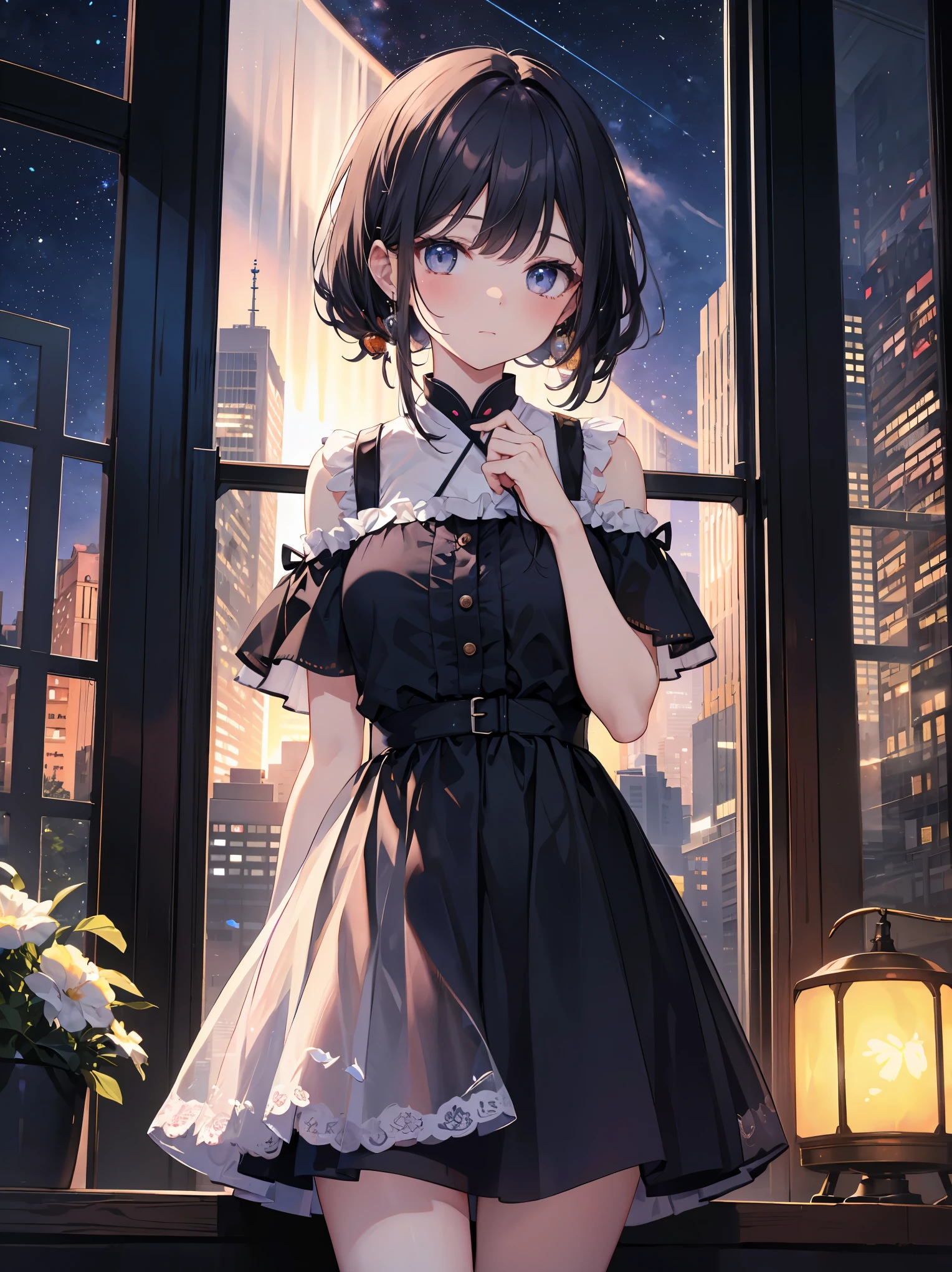 Artistic AI Art Galaxy(masterpiece:1.2, best quality),clear。lift up the skirt、cute girl、The night view of the big city outside the window、artistic shadow