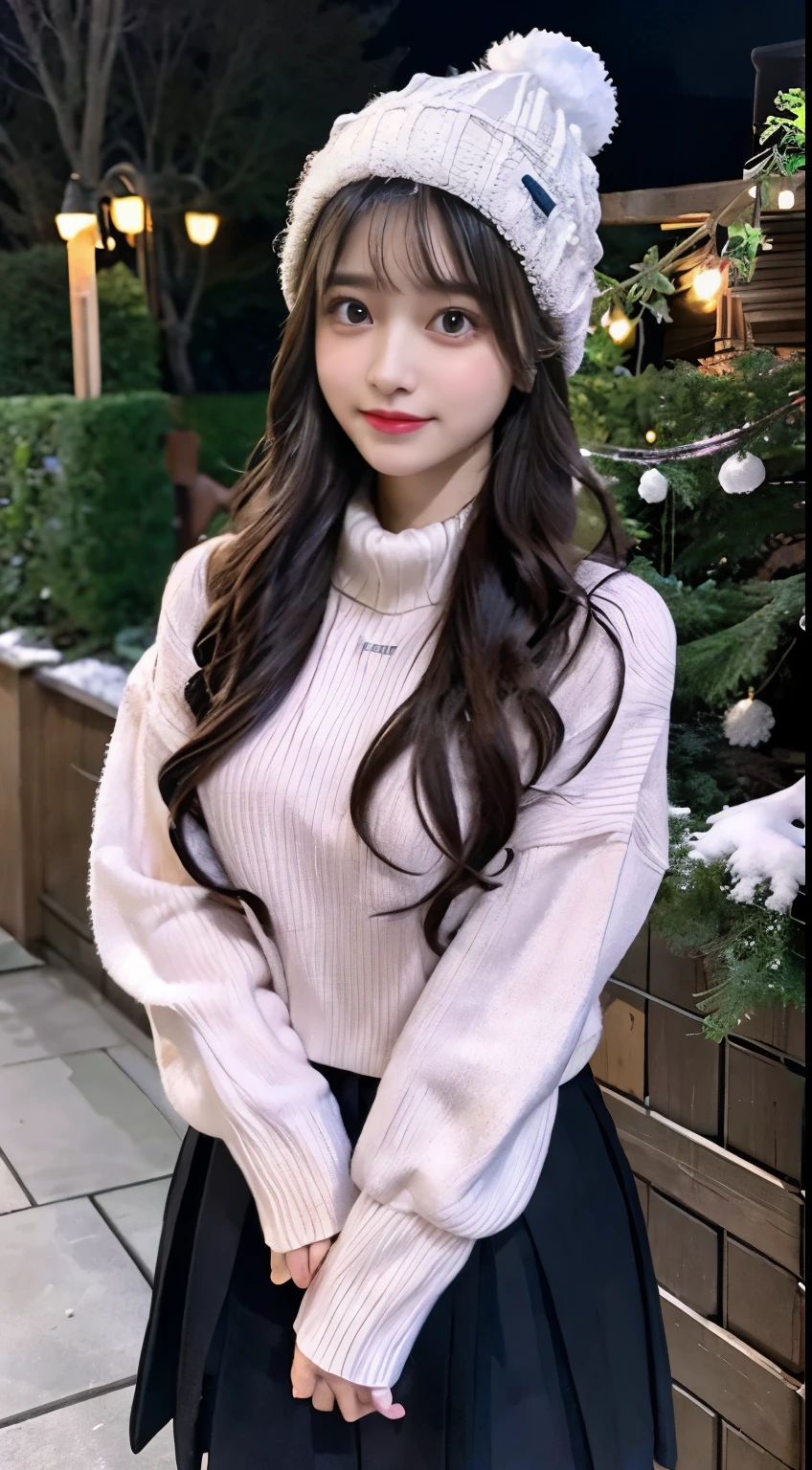 The beauty of winter spreads,outdoors,garden,Night sky ADDCOMM ADDCOL ADDCOL Blue moon ADDROW Snow ADDCOL It&#39;It&#39;s snowing&#39;Snowy ADDROW Pink Primrose Flower ADDCOL 1girl,long hair,black hair,flowing bangs:1.3,green eyes,mole under left eye:1.3,black eye,medium breasts,pink heart hair accessories,Winter clothes,sweater,beanie hat,long sleeve,scarf,turtleneck,sleeves go above the wrist,ribbed sweater
ADDCOL
ADDROW pink primula flowers
ADDCOL 1girl,pleated skirt ADDCOL
 (masterpiece:1.2), (highest quality:1.2)