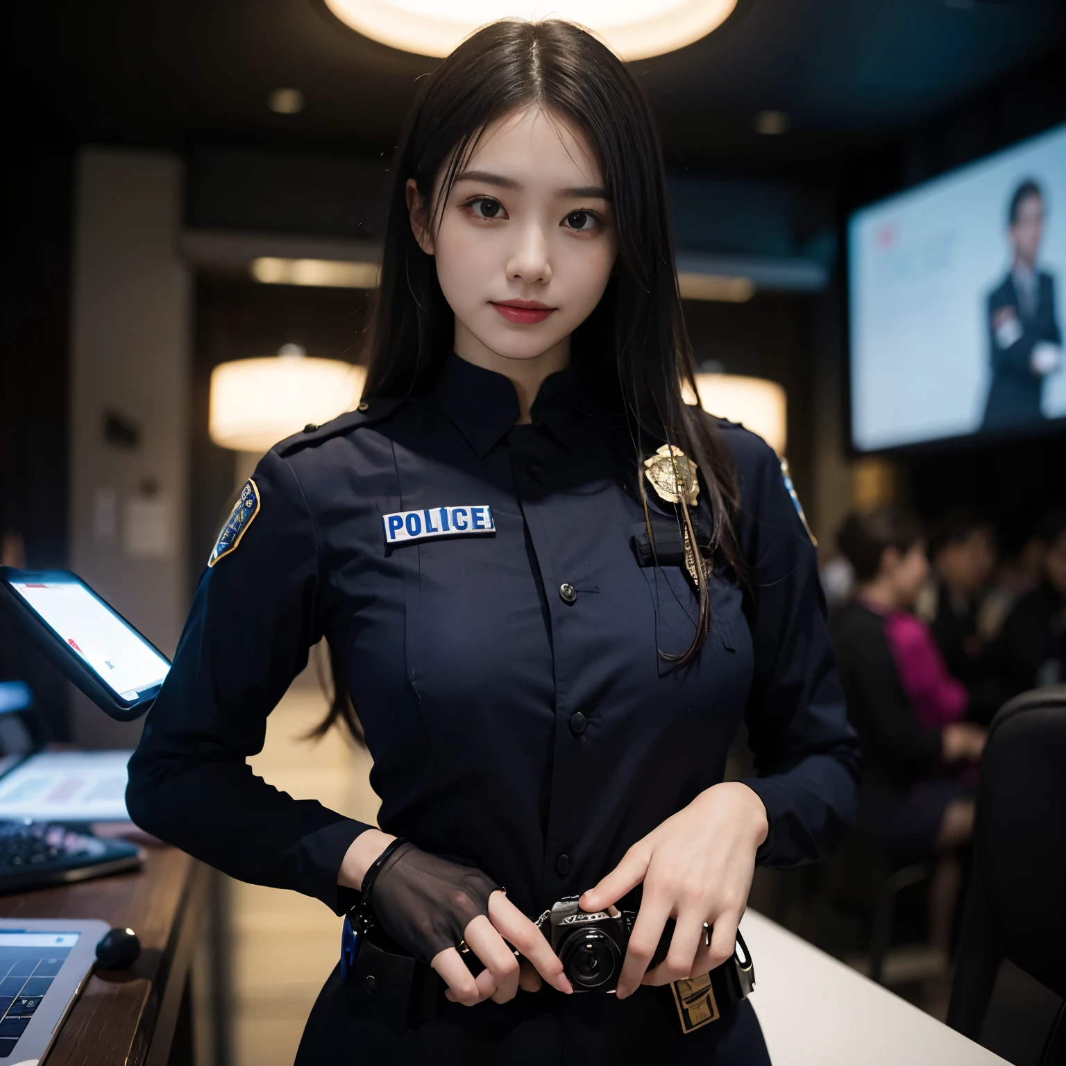 ((highest quality)), ((masterpiece)), (detailed uniform), perfect face、(detailed five fingered hand)、(((Female police officer in blue uniform))、full body shot、Smiling Beauty、slender body、((upright))、((salute))