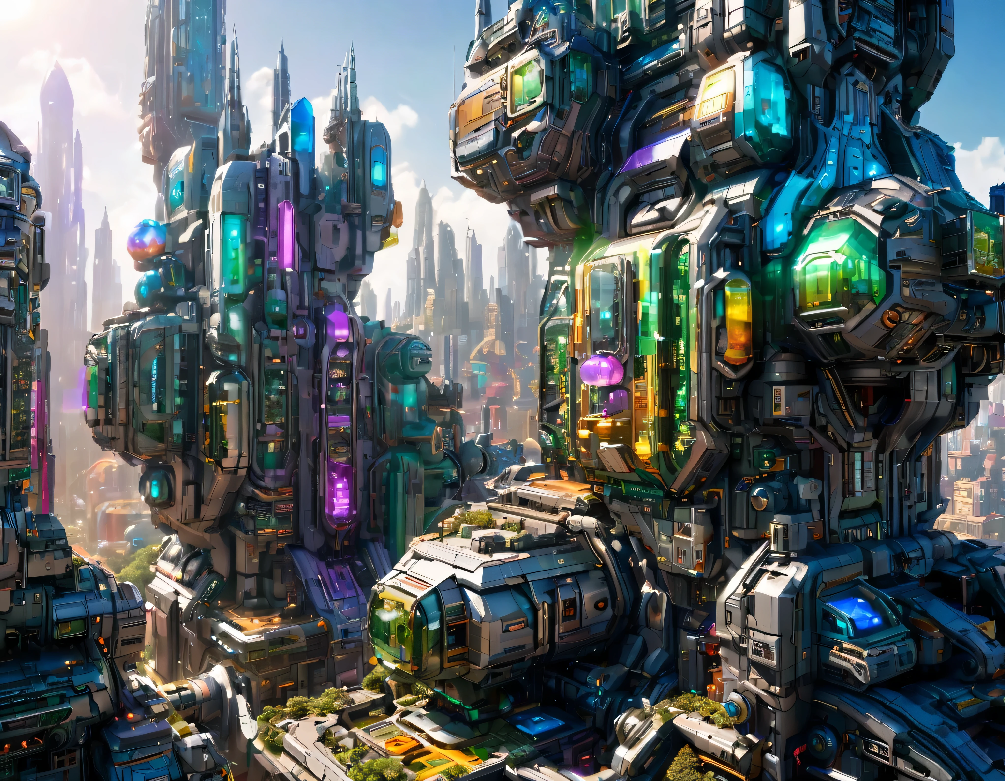 (sunny mid-morning lighting), megacity, megalopolis of an imaginary world of science fiction , parecido a una disneylandia futurista, and maximum fantasy, con inmensos edificios y rascacielos ovalados y dodecaedricos agrupados de metal y cristal donde predomina la plata y los anuncios luminosos de colores. imagen bien definida 8k, (intrincados detalles de la maquina), con muchos edificios juntos.(obra maestra de superior calidad).(imagen fotorrealista), nitidez absoluta hasta el fondo