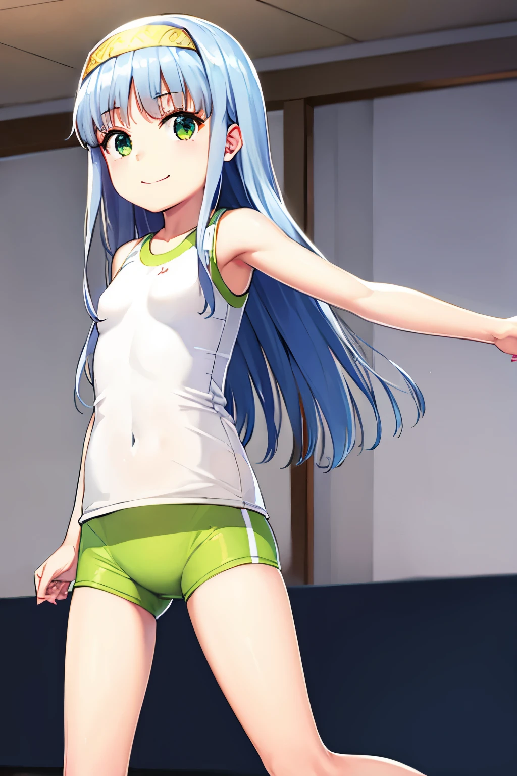 Cabello largo plateado, ojos verdes, headband, sport clothes, flat breast, sonrisa, happy, muslos hermosos, bedroom