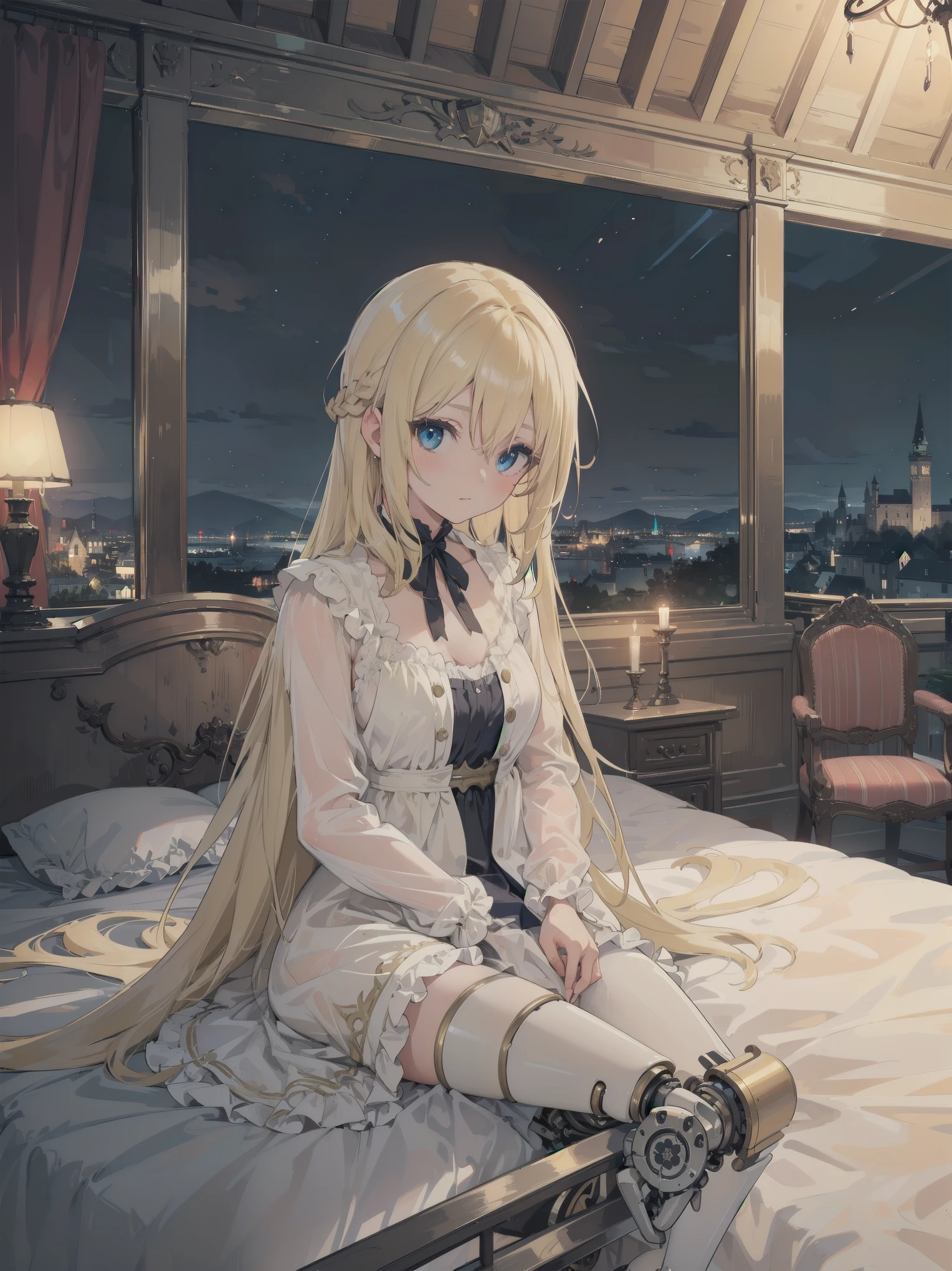 (masterpiece, best quality), (absurdres absolutely resolution), (8k), (detailed beautiful face and eyes), (detailed illustration), (super fine illustration), (vibrant colors), (professional lighting), nice hands, perfect hands, BREAK 

cinematic angle, dutch angle, (close-up, Medieval Europe, sitting bed:1.3), BREAK 

(in violet evergarden style), 1girl, solo, (blonde long straight hair:1.6), blue eyes, porcelain skin, shiny hair, (big eyes:1.2), (Simple mechanical prosthesis:1.3), BREAK 

expressionlesaxi-length long-sleeved linen beige negligee, neckline ribbon:1.4), BREAK 

(night:1.3), indoors, (Heidelberg, Europe in 1920), (Old western rooms, canopy bed, furniture, Fireplace, Candle), (magnificent view), (cinematic shadows, cinematic lighting), (bokeh),