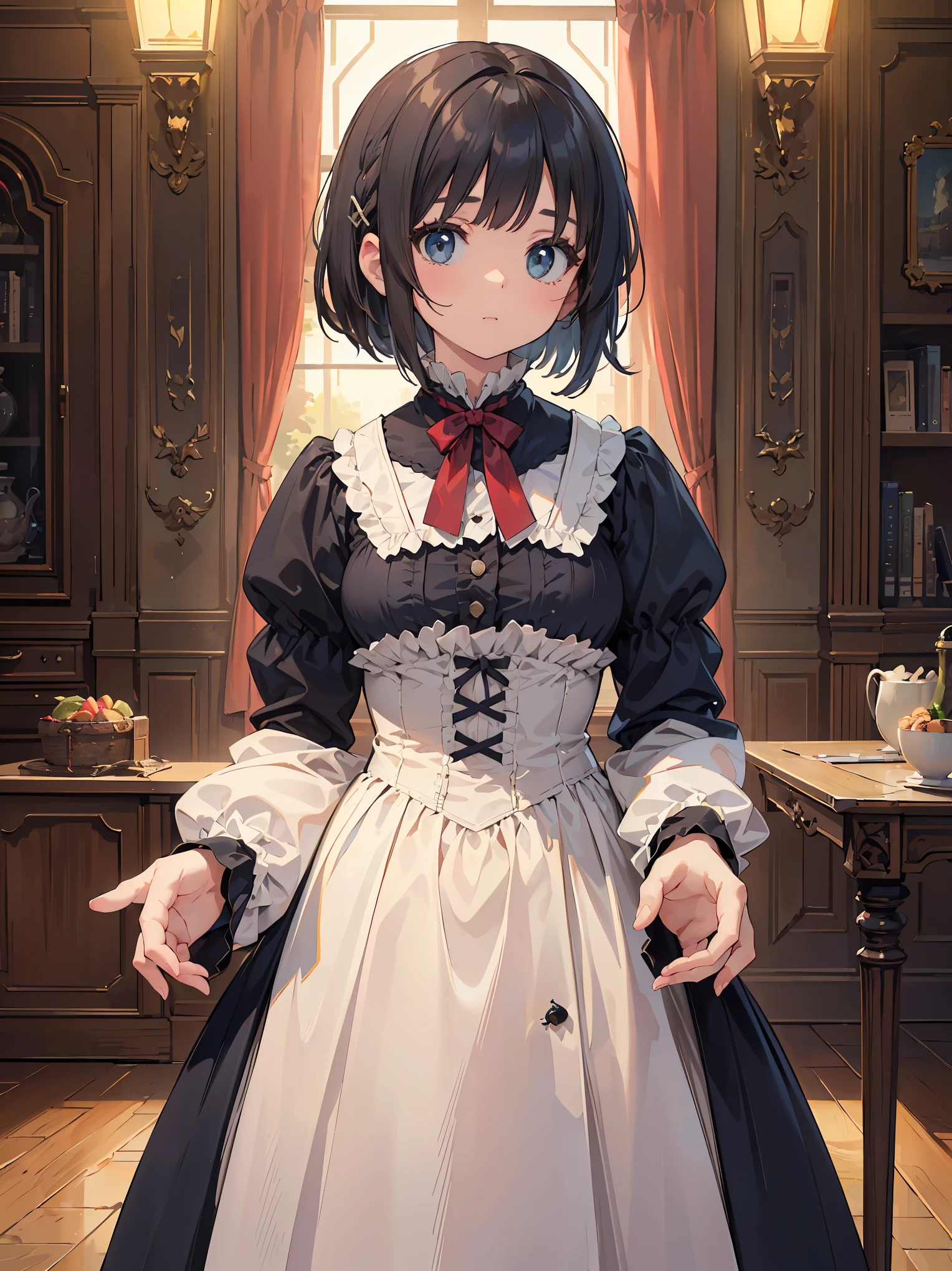 (highest quality、16K、masterpiece、ultra high resolution、Victorian era、Photoreal:1.2)、cowboy shot、One length bob cut braided hair clip with front drop、brand uniform cute、clear、 Tsundere、heroine attributes