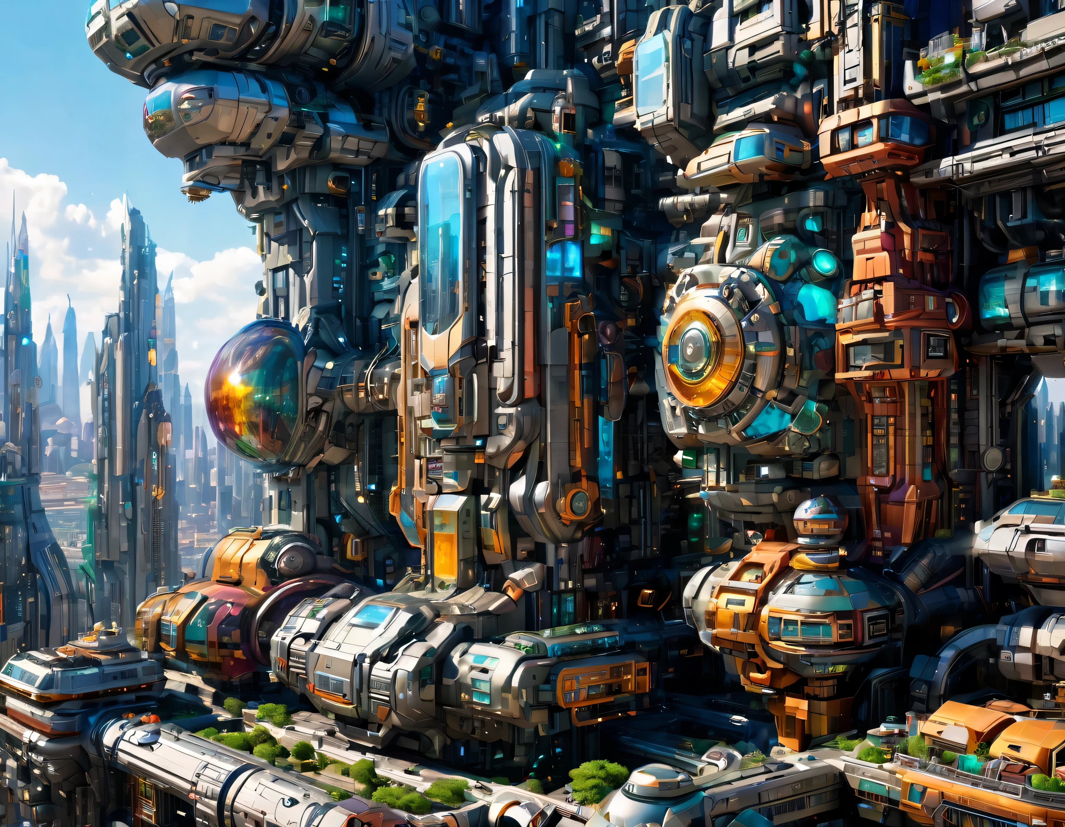 (sunny mid-morning lighting), megacity, megalopolis of an imaginary world of science fiction , parecido a una disneylandia futurista, and maximum fantasy, con inmensos edificios y rascacielos ovalados y dodecaedricos agrupados de metal y cristal donde predomina la plata y los anuncios luminosos de colores. imagen bien definida 8k, (intrincados detalles de la maquina), con muchos edificios juntos.(obra maestra de superior calidad).(imagen fotorrealista), nitidez absoluta hasta el fondo