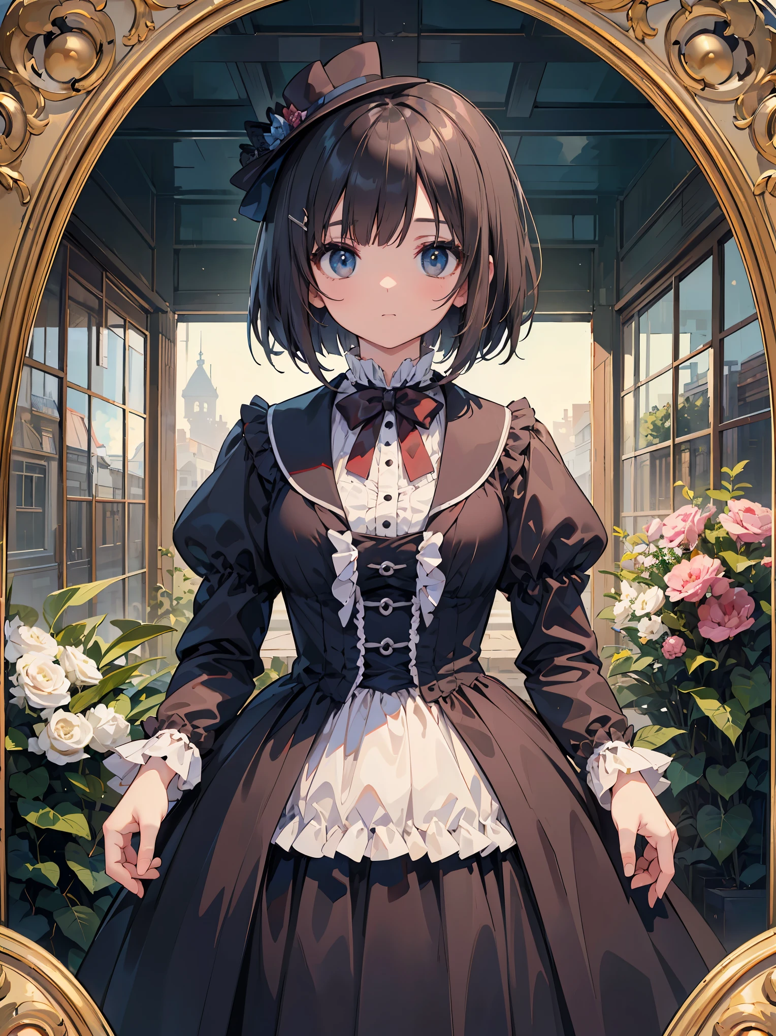 (highest quality、16K、masterpiece、ultra high resolution、Victorian era、Photoreal:1.2)、cowboy shot、One length bob cut braided hair clip with front drop、brand uniform　cute、clear、 Tsundere、heroine attributes
