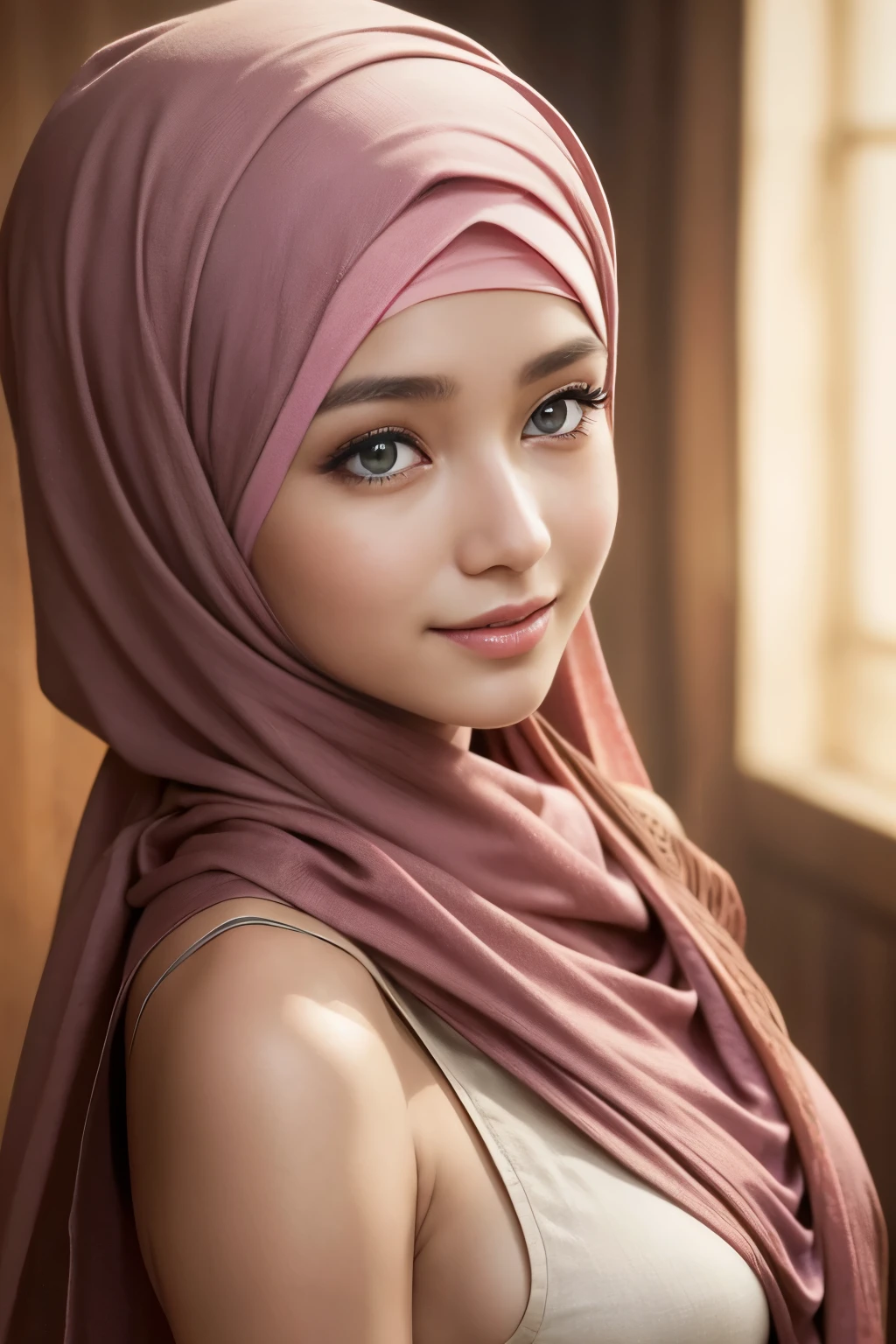 pink, colorful, tombraider, cleavage, hijabi, Absurd, ultra-detailed, high quality, masterpiece, detailed face, beautiful eyes(detailed eyes), javanese, gentle and graceful, face exudes warmth and kindness, eyes described as soft and comforting, gentle and steady gaze, overall appearance is simple and modest, The fabric of her garments is usually depicted as soft and earth-toned, beauty lies not in extravagant adornments, Her smile is serene and welcoming