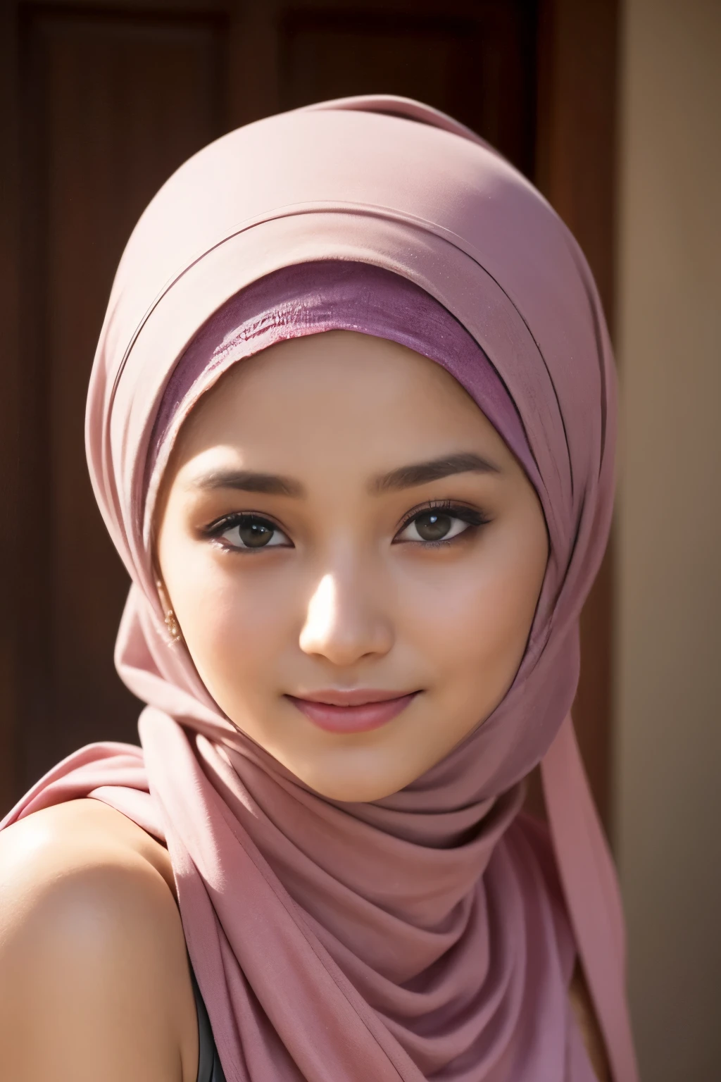 pink, colorful, tombraider, cleavage, hijabi, Absurd, ultra-detailed, high quality, masterpiece, detailed face, beautiful eyes(detailed eyes), javanese, gentle and graceful, face exudes warmth and kindness, eyes described as soft and comforting, gentle and steady gaze, overall appearance is simple and modest, The fabric of her garments is usually depicted as soft and earth-toned, beauty lies not in extravagant adornments, Her smile is serene and welcoming
