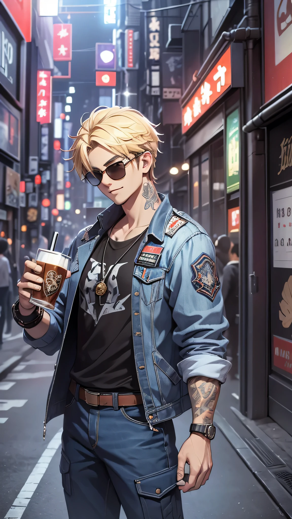 最high quality、best image quality、masterpiece、male((20-year-old、 By becoming、wide open breast tea、輝くeye, blonde、shortcut、black vest、blue t-shirt、denim pants、Wristband、stubble、muscular、eye、sunglasses、full body tattoo、smile、holding beer bottles、red long sleeve jacket)),high quality、beautiful art、background((Tokyo,bar))、Flight、debris flies、Depth of written boundary、movie、visual art、perfect art、8k,genuine、